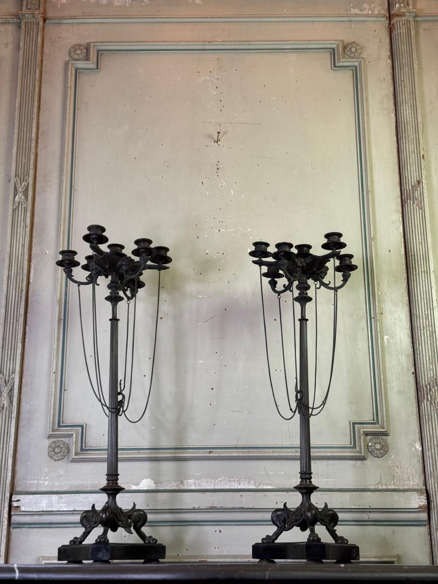 Classical Greek Pair of large bronze candelabra in the antique style, circa 1880 For Sale
