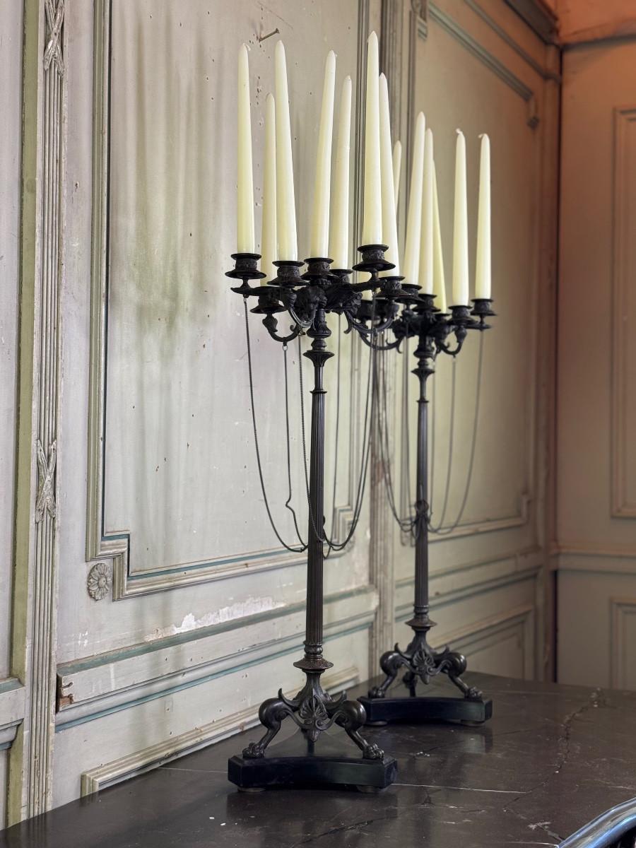Bronze Pair of large bronze candelabra in the antique style, circa 1880 For Sale
