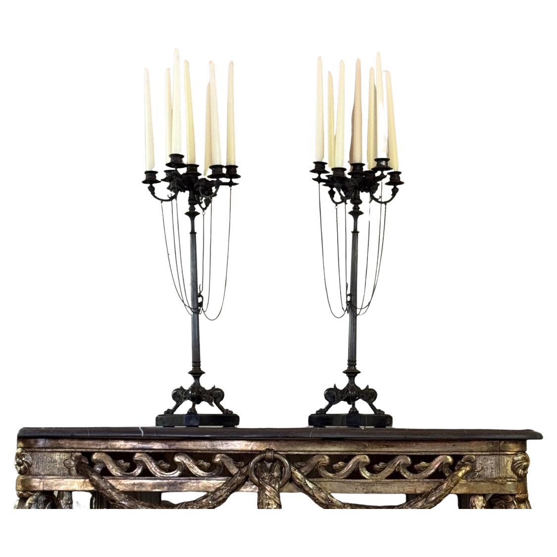 Pair of large bronze candelabra in the antique style, circa 1880 For Sale