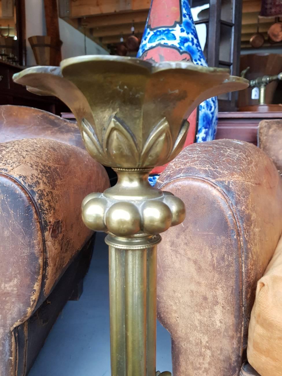 Pair of large bronze church candlesticks in Gothic style after antiques example, 20th century.

The measurements are,
Depth 21 cm/ 8.2 inch.
Width 21 cm/ 8.2 inch.
Height 68 cm/ 26.7 inch.
  