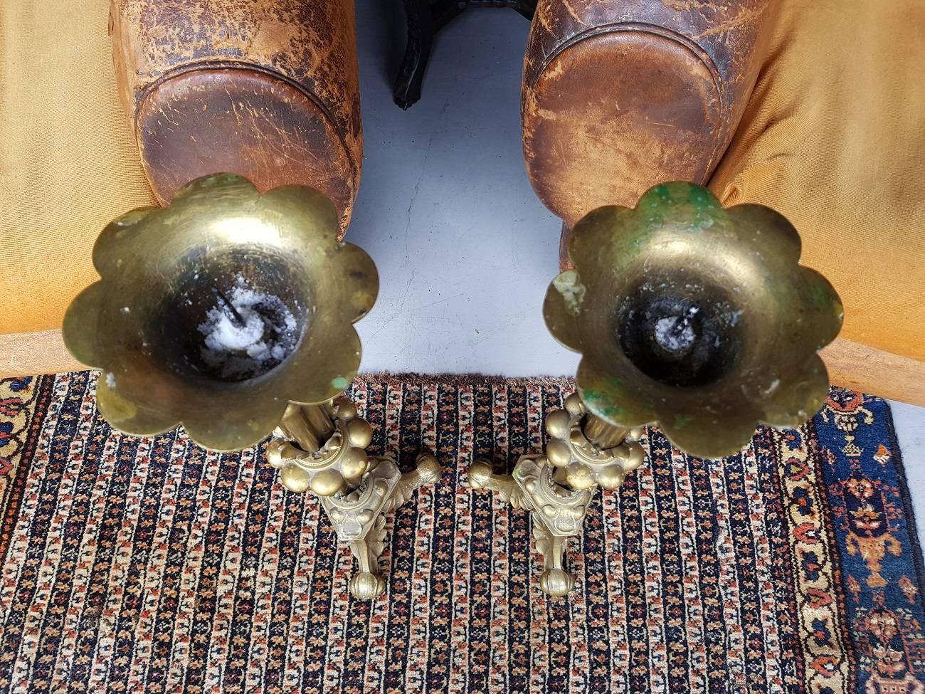 Pair of Large Bronze Candlesticks in Gothic Style, 20th Century For Sale 1