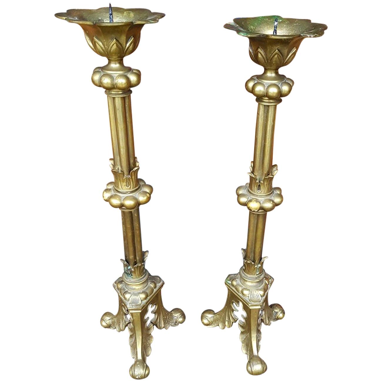 Pair of Large Bronze Candlesticks in Gothic Style, 20th Century For Sale
