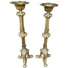 Vintage Pair of Large Bronze Candlesticks in Gothic Style, 20th Century