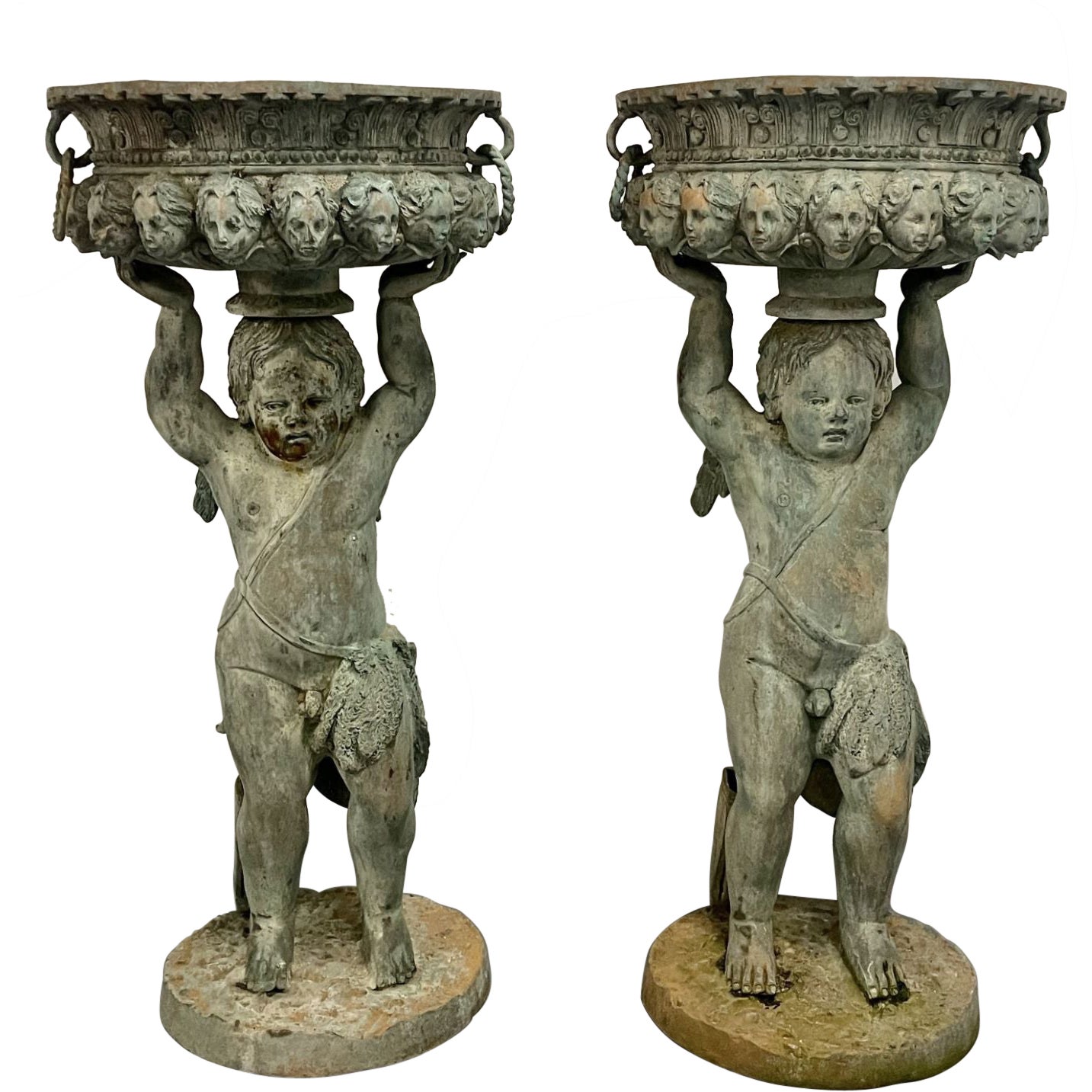 Pair of Large Bronze Cherub Planters, Tureens, Roman, Greek Neoclassical