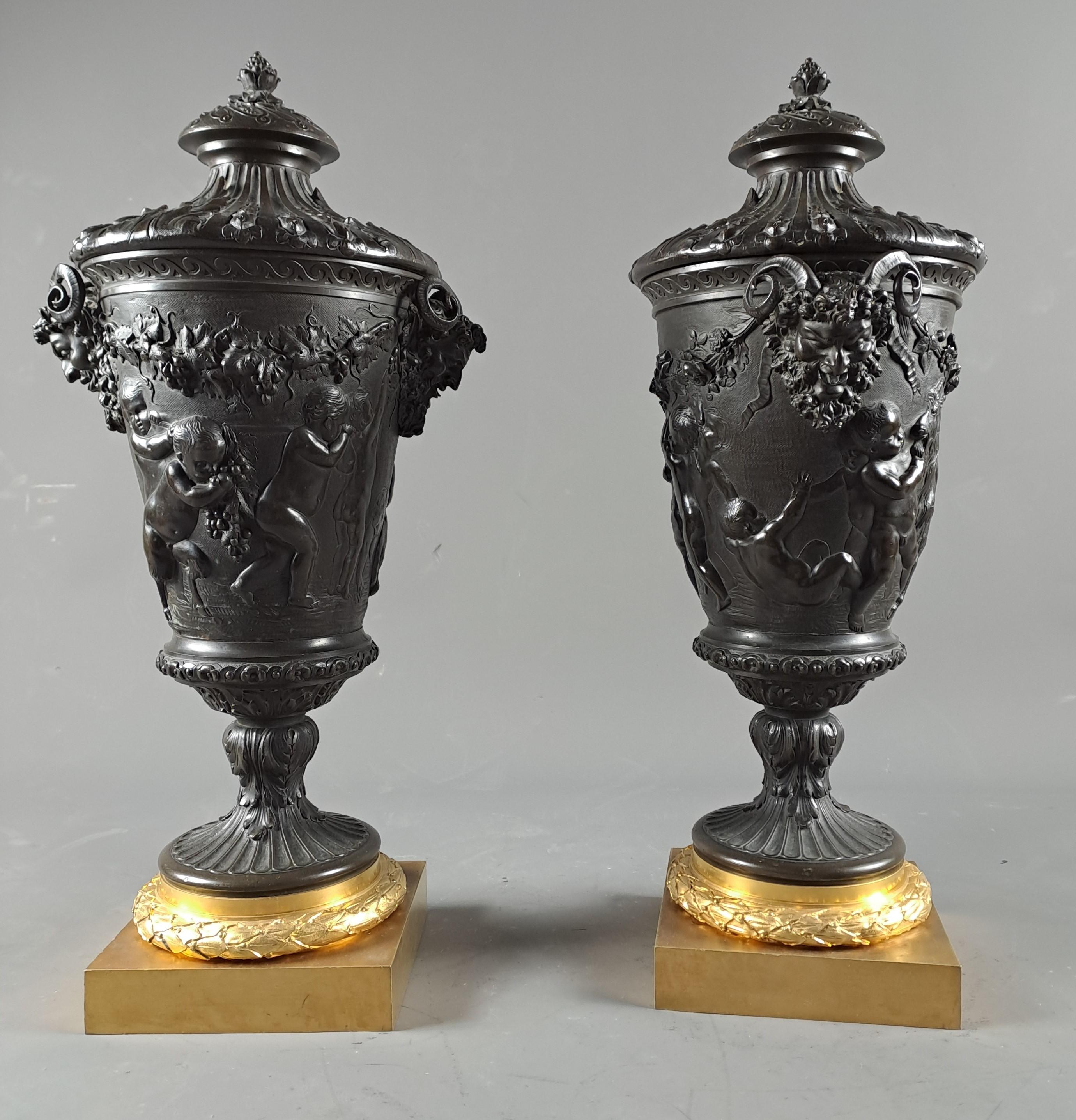Neoclassical Pair Of Large Bronze Covered Vases In The Taste Of Clodion For Sale