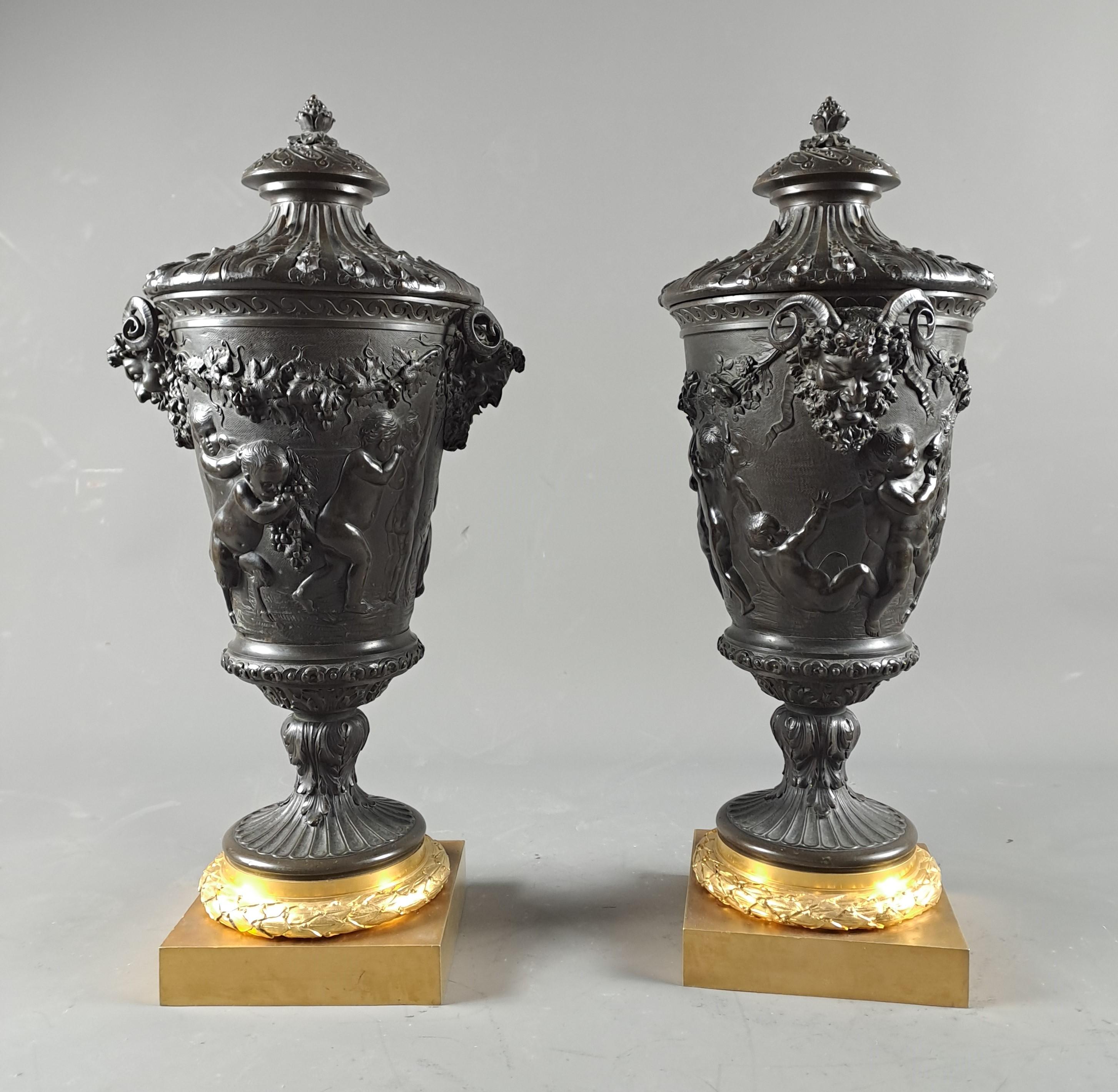 Pair Of Large Bronze Covered Vases In The Taste Of Clodion In Good Condition For Sale In BARSAC, FR