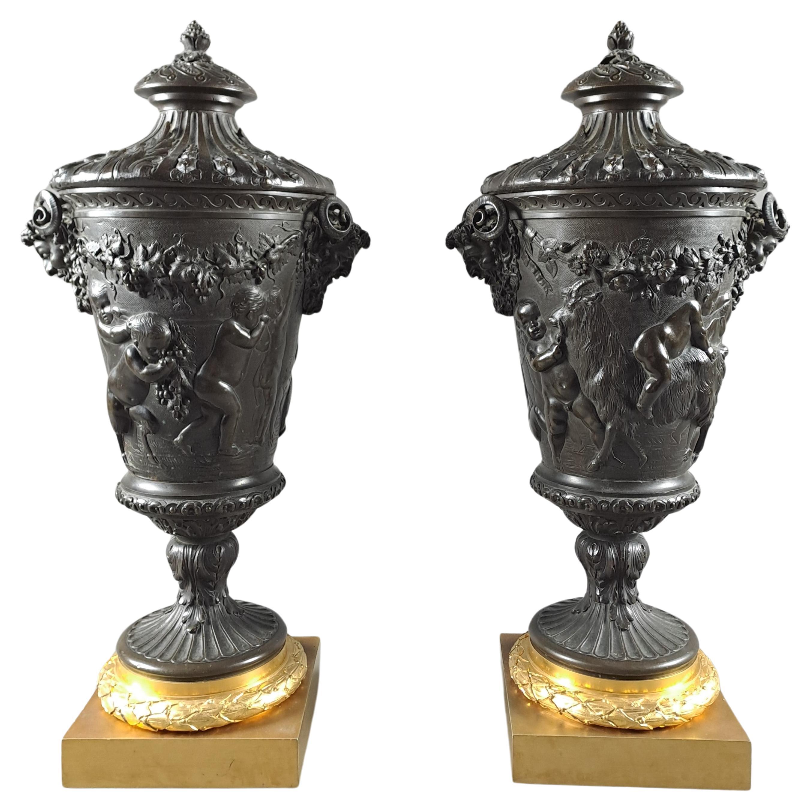 Pair Of Large Bronze Covered Vases In The Taste Of Clodion For Sale