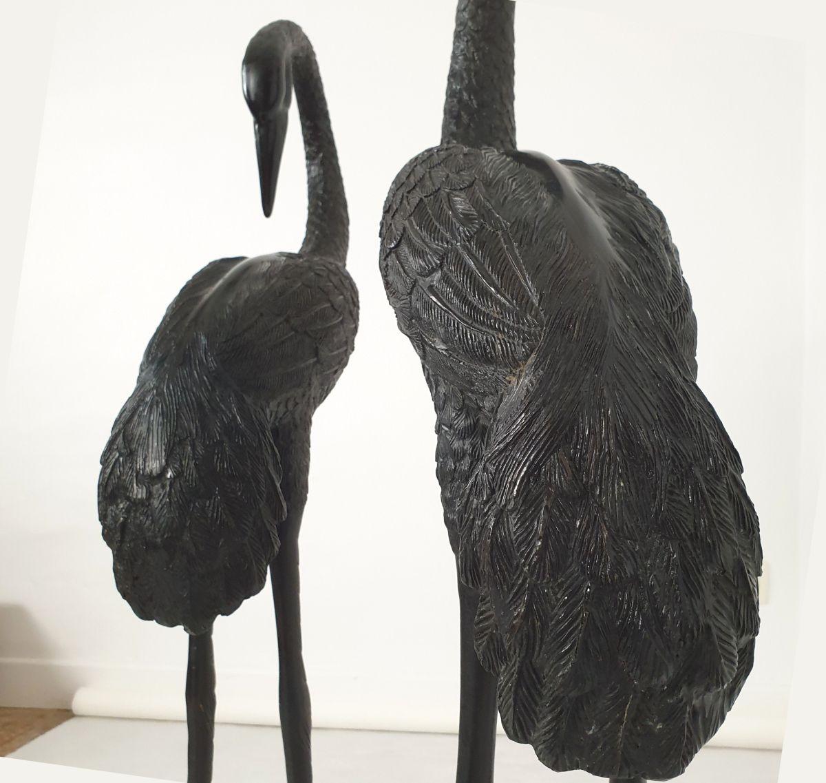 Pair of large bronze crane birds In Excellent Condition For Sale In Dallas, TX