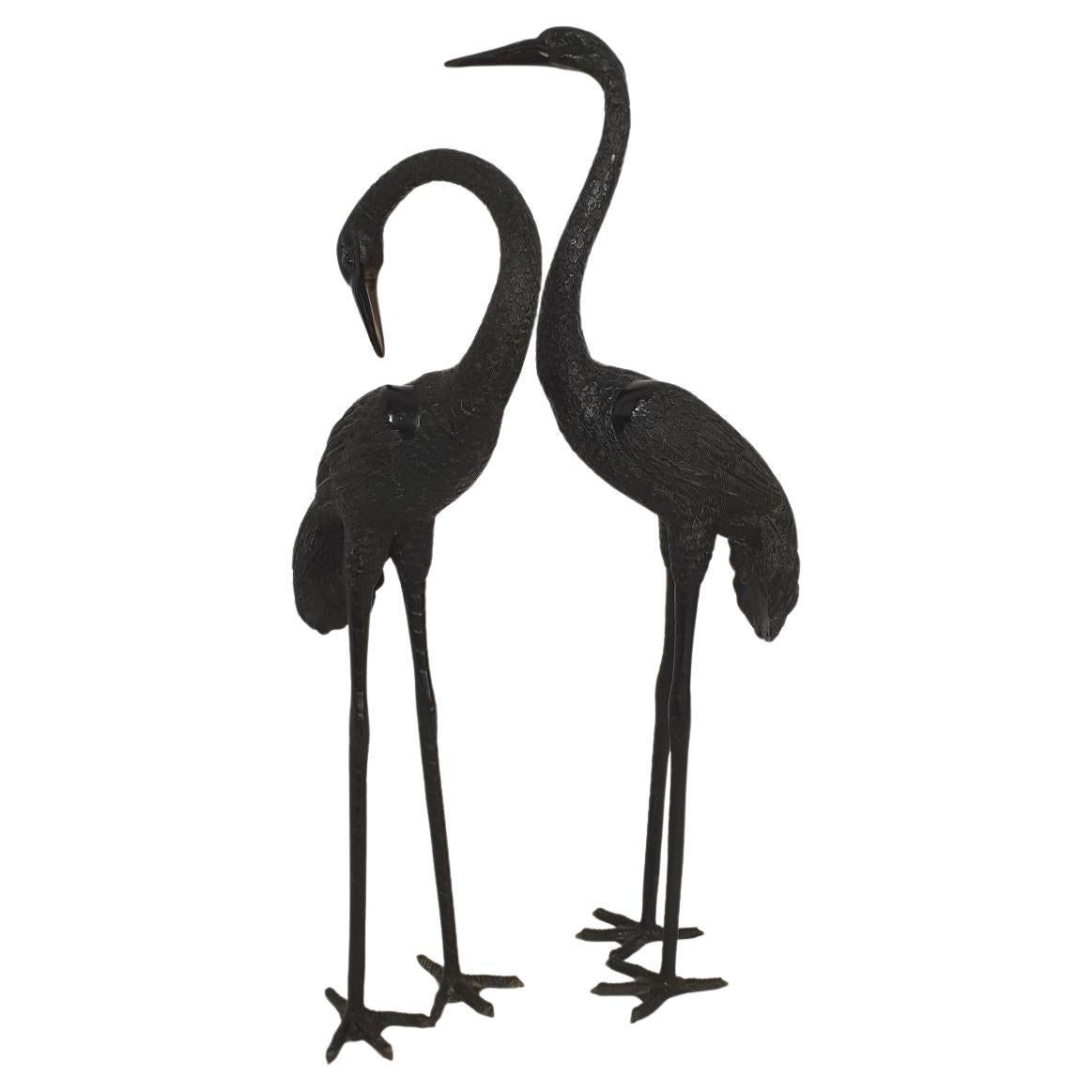 Pair of large bronze crane birds For Sale
