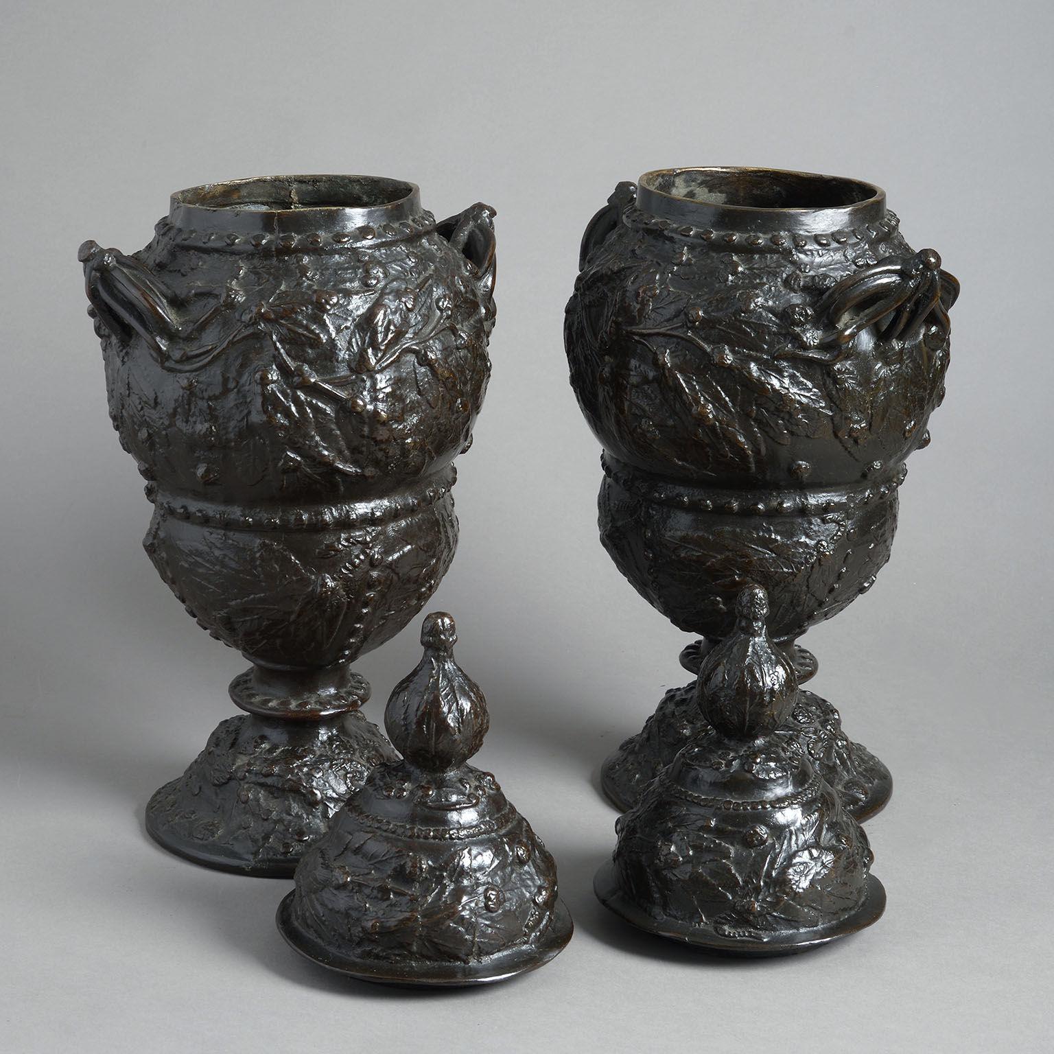 European Pair of Large Bronze Lidded Vases