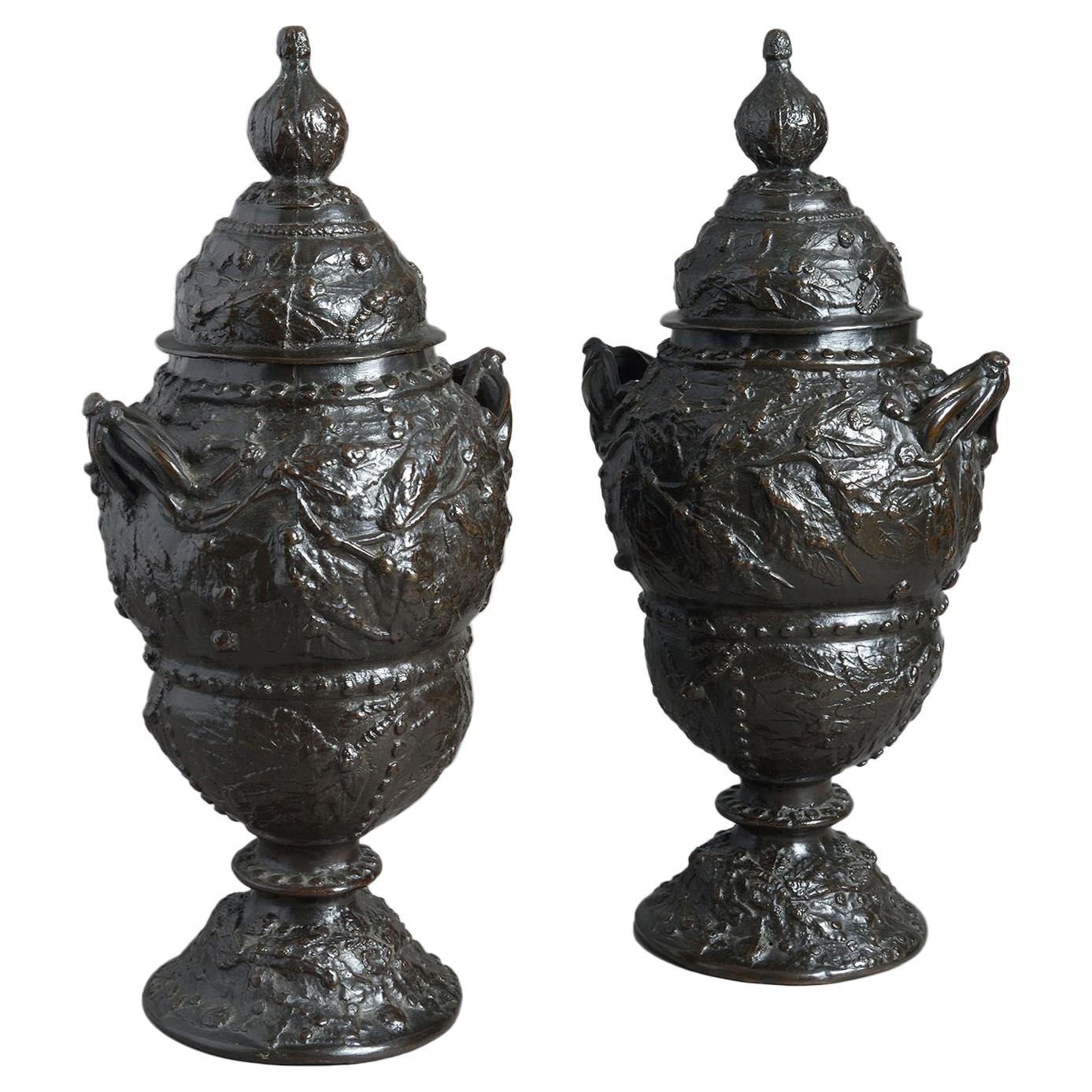 Pair of Large Bronze Lidded Vases