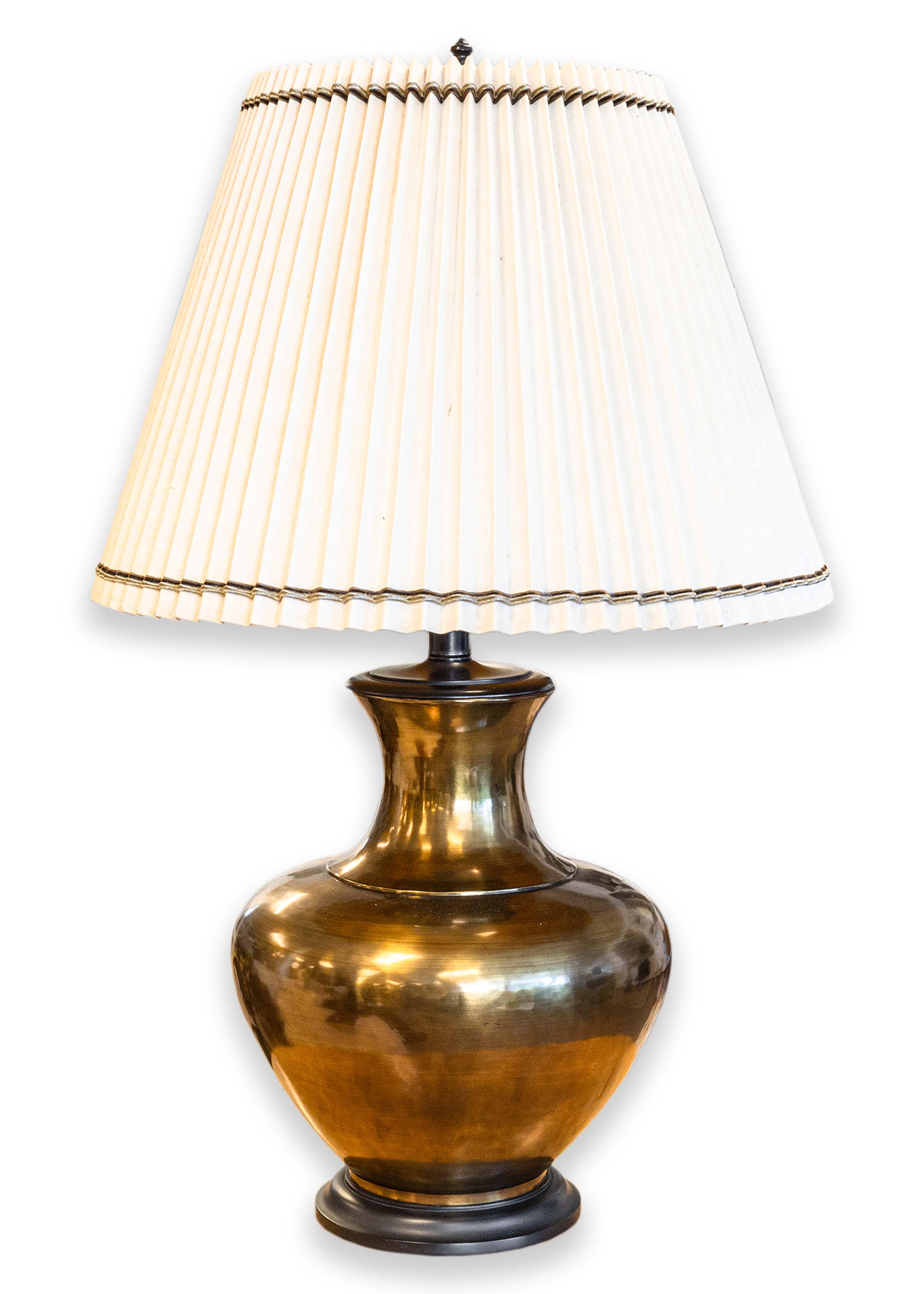 Pair of Large Bronze Mid Century Modern Table Lamps with White Pleated Shades For Sale 4