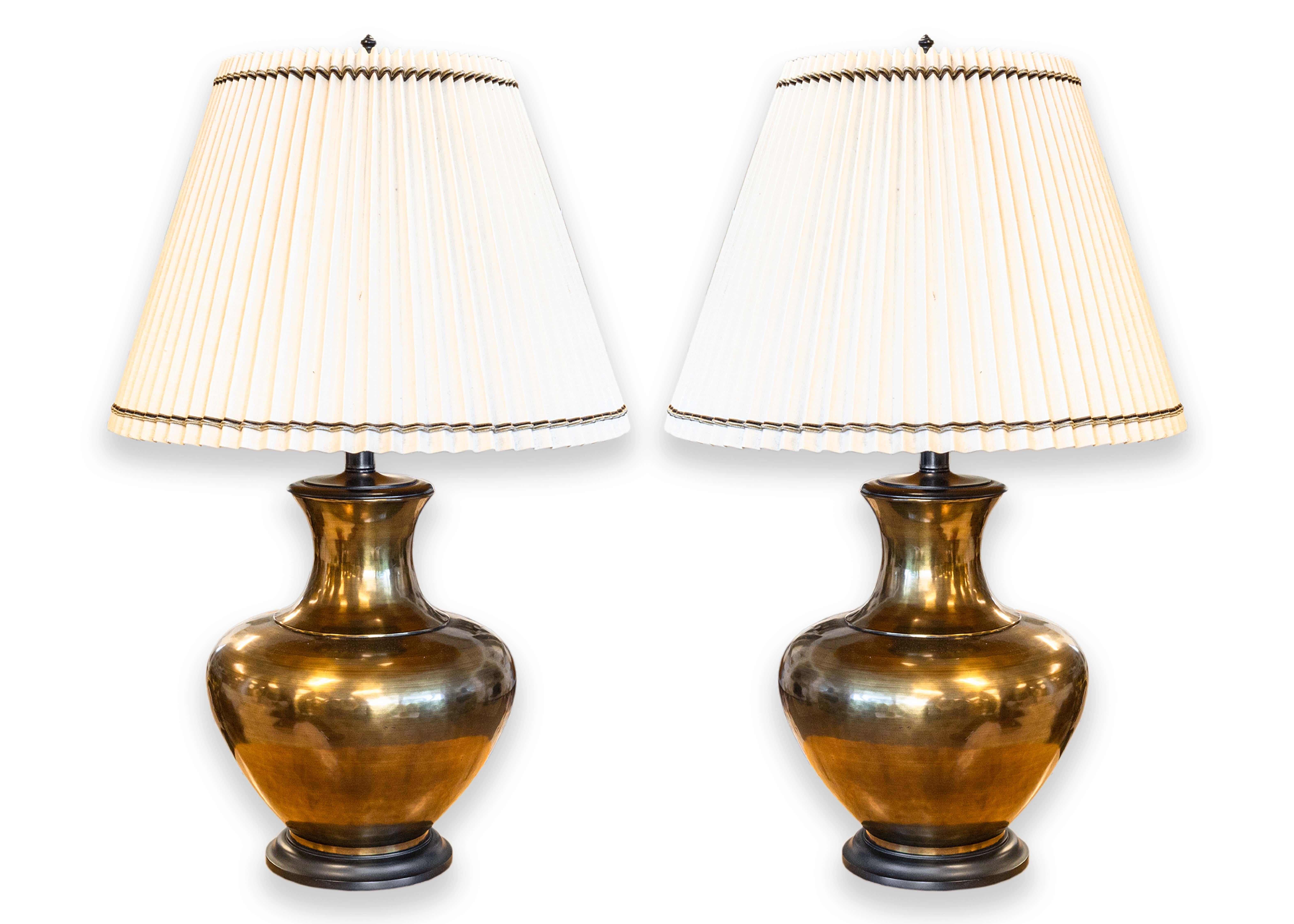 Pair of Large Bronze Mid Century Modern Table Lamps with White Pleated Shades For Sale 5