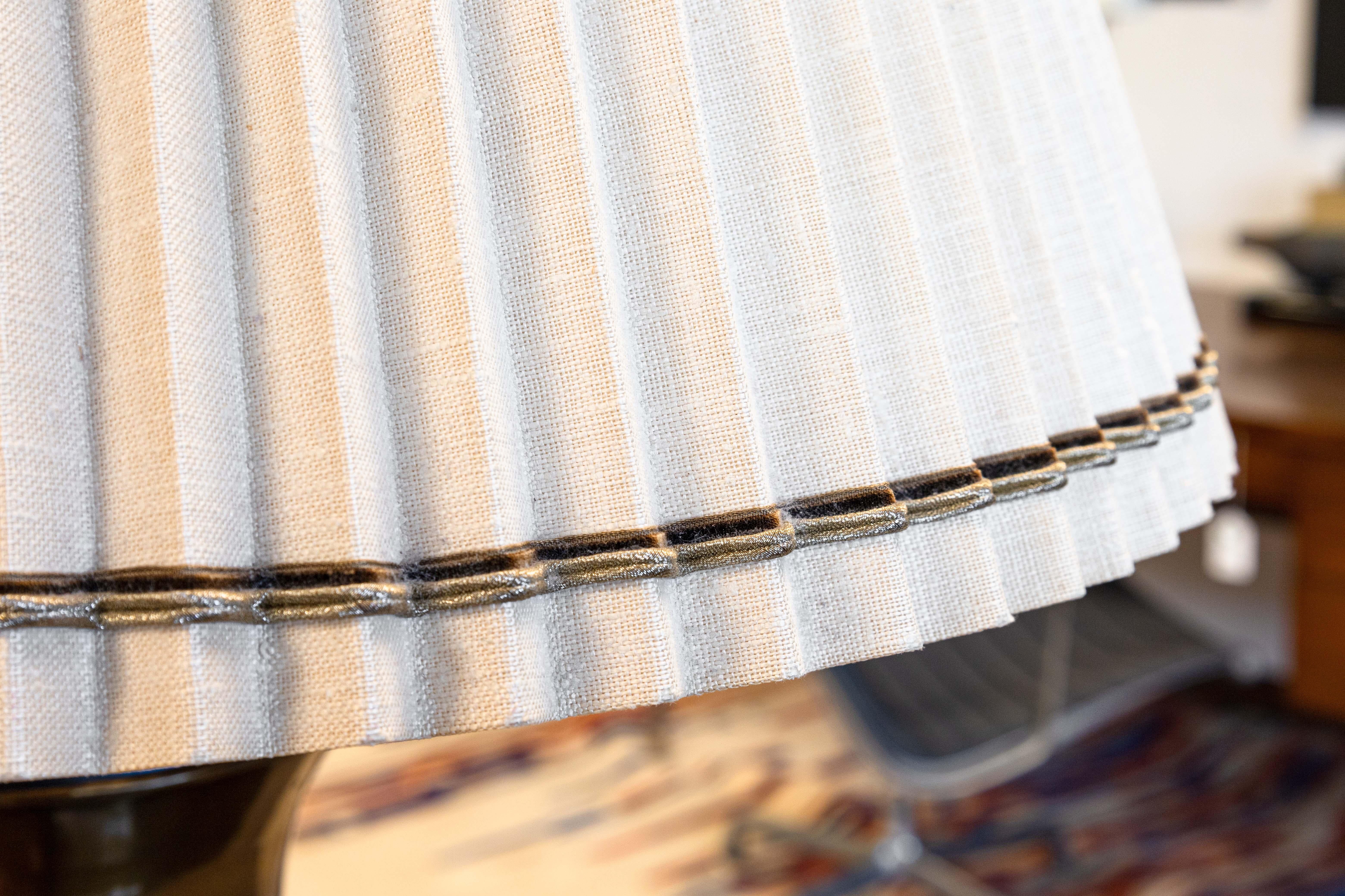 Unknown Pair of Large Bronze Mid Century Modern Table Lamps with White Pleated Shades For Sale