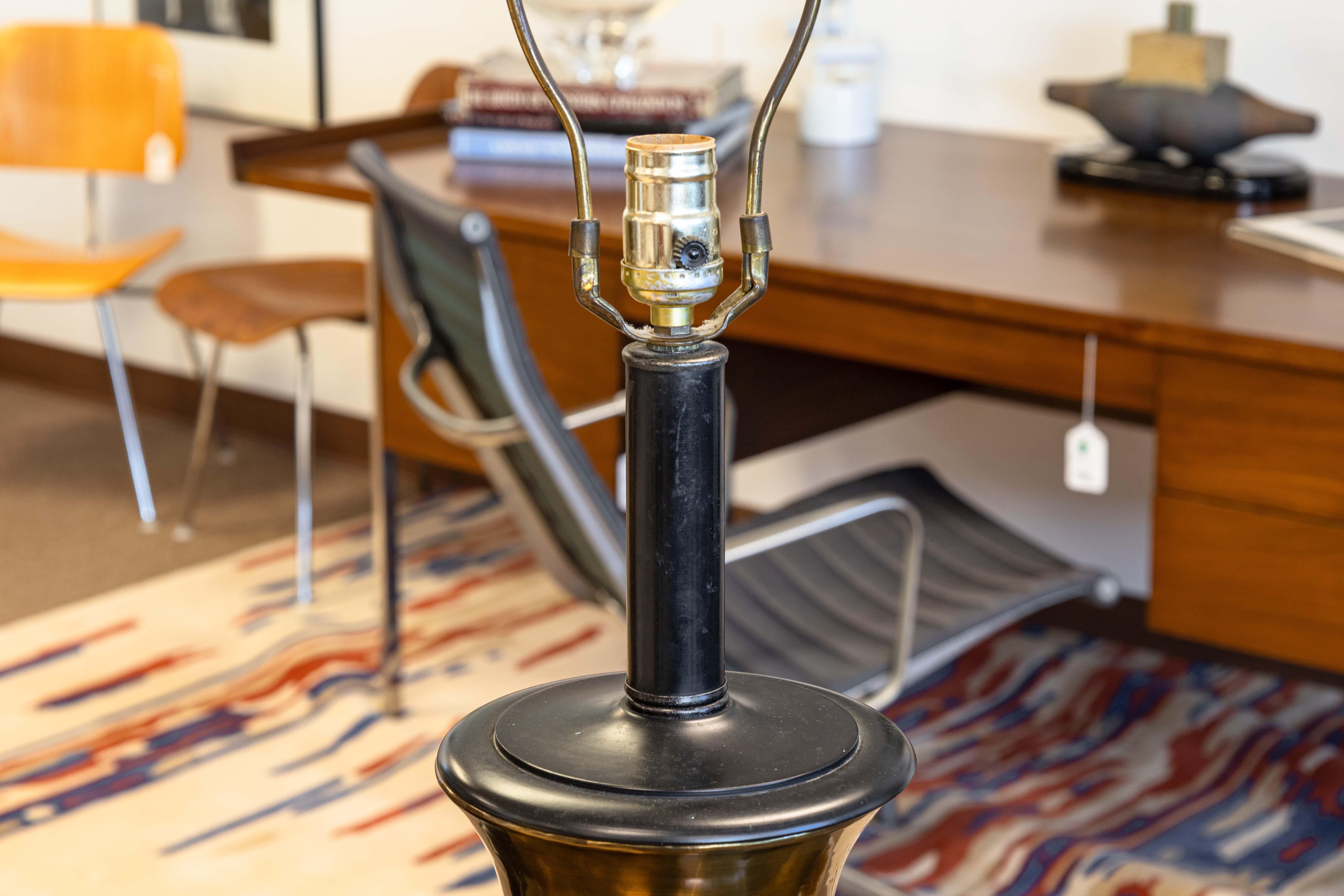 20th Century Pair of Large Bronze Mid Century Modern Table Lamps with White Pleated Shades For Sale
