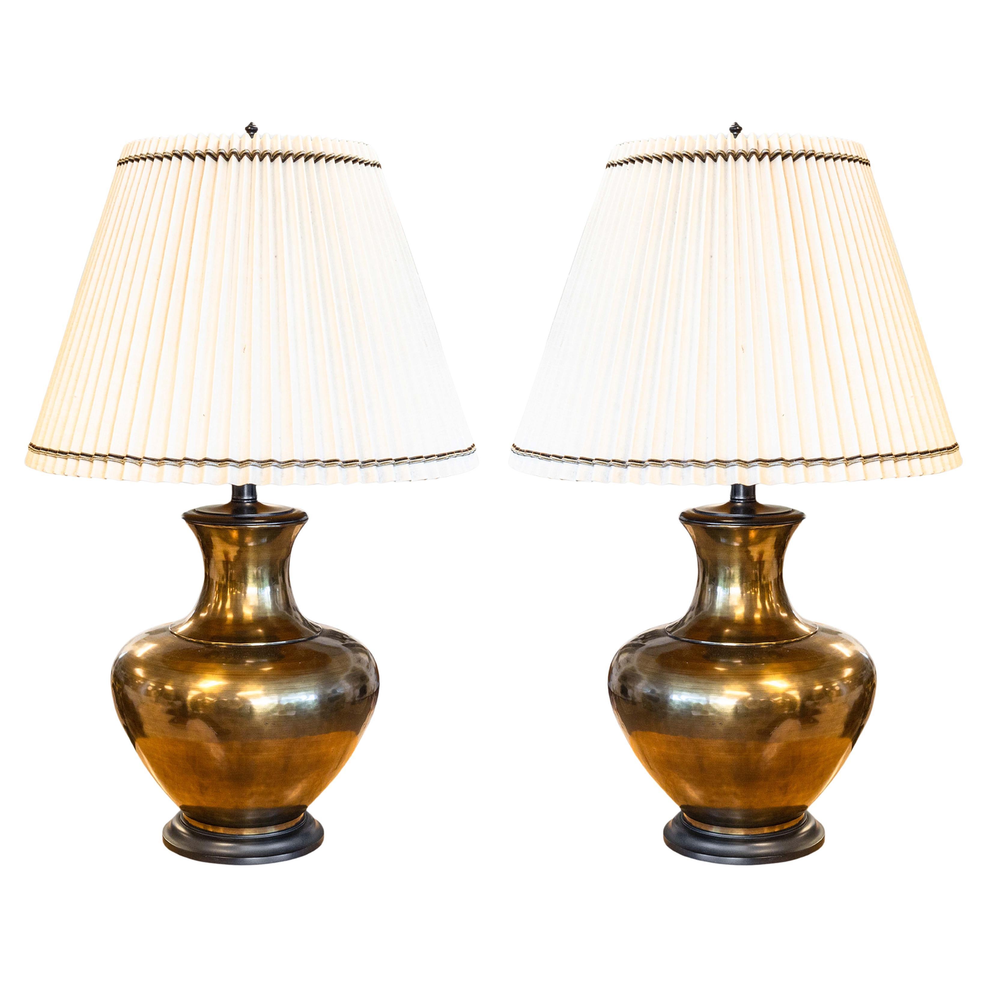 Pair of Large Bronze Mid Century Modern Table Lamps with White Pleated Shades