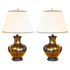 Pair of Large Bronze Mid Century Modern Table Lamps with White Pleated Shades