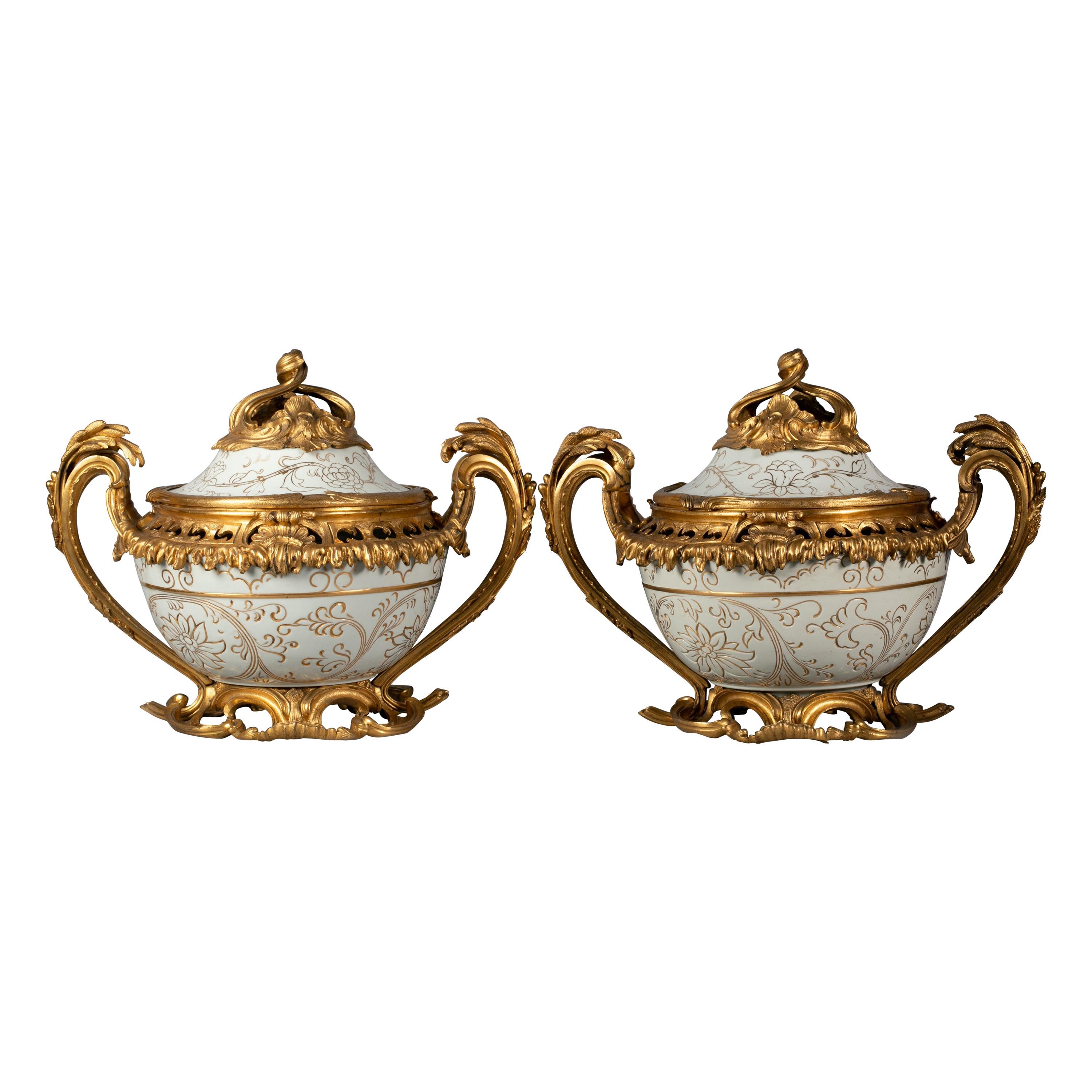 Pair of Large Bronze-Mounted Celadon and Gilt Covered Potpourri Jars, circa 1870 For Sale