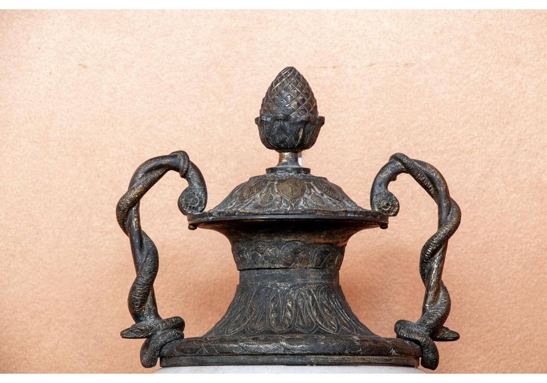 Pair of Large Bronze Mounted Marble Garniture Urns In Fair Condition For Sale In Bridgeport, CT