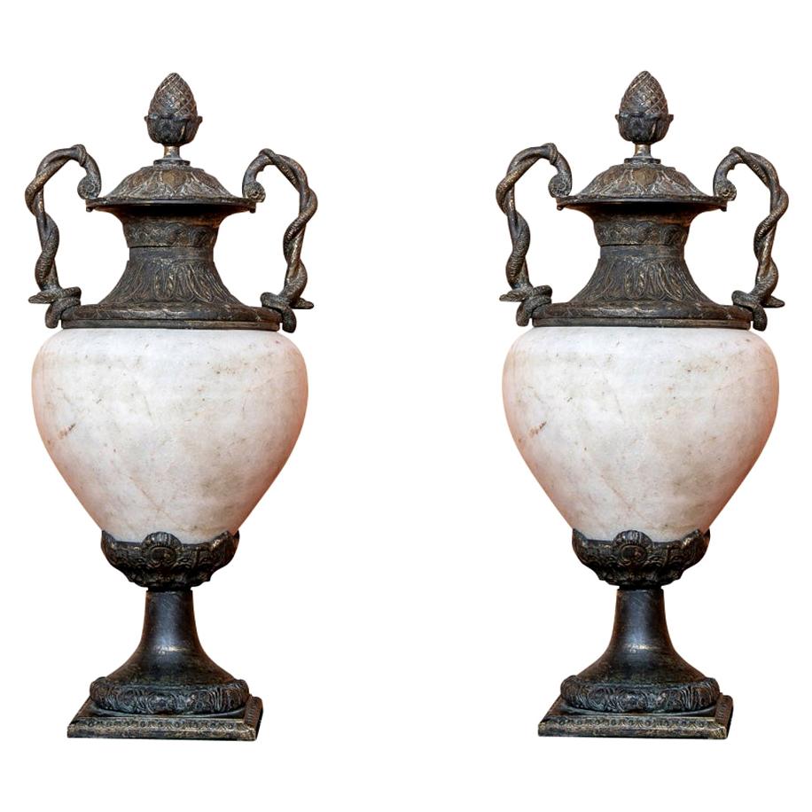 Pair of Large Bronze Mounted Marble Garniture Urns