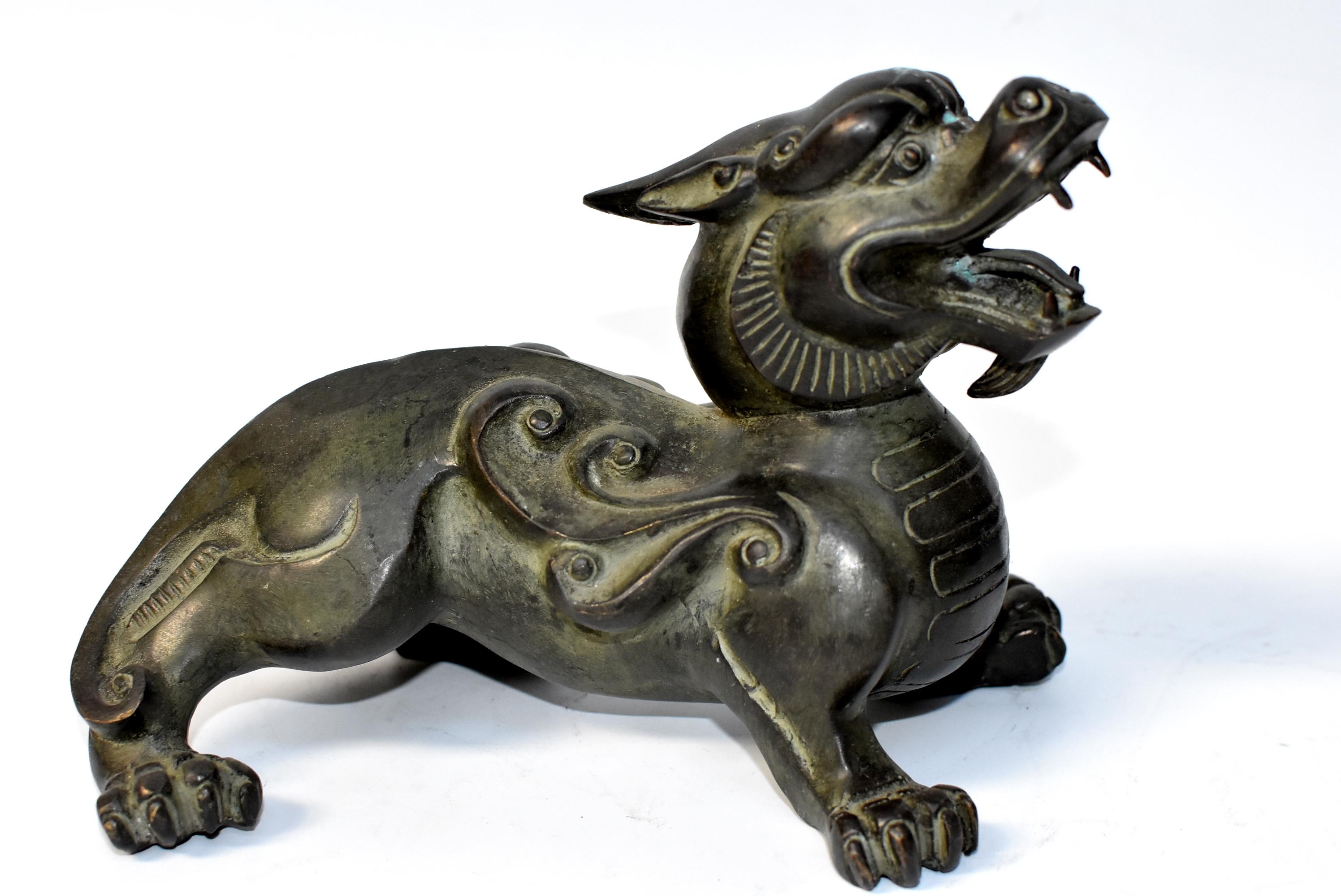 Pair of Large Bronze Pixiu Lions with Turtle Shells Paperweights 6
