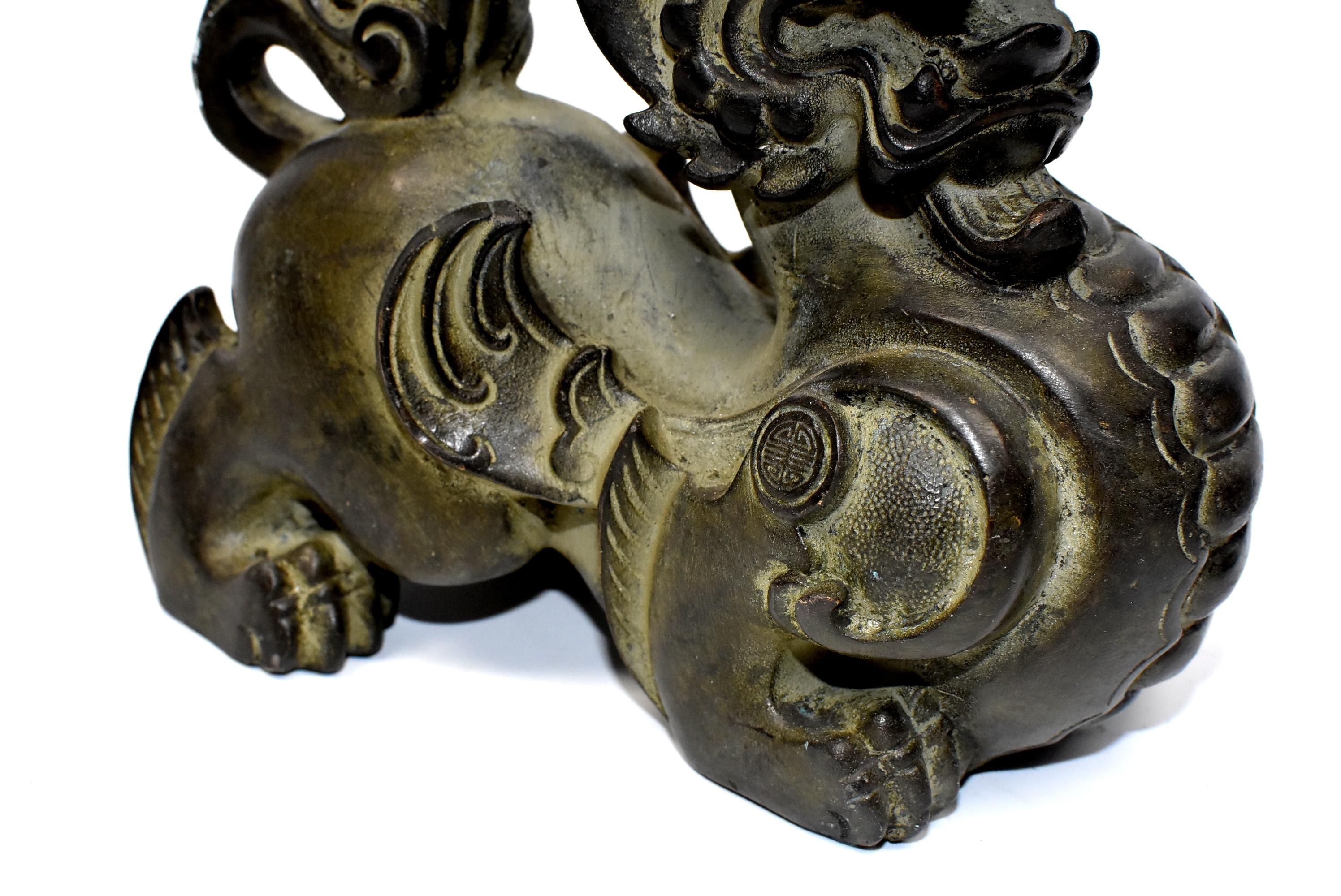 Pair of Large Bronze Pixiu Wealth Lions, Doorstops, Paperweights 9