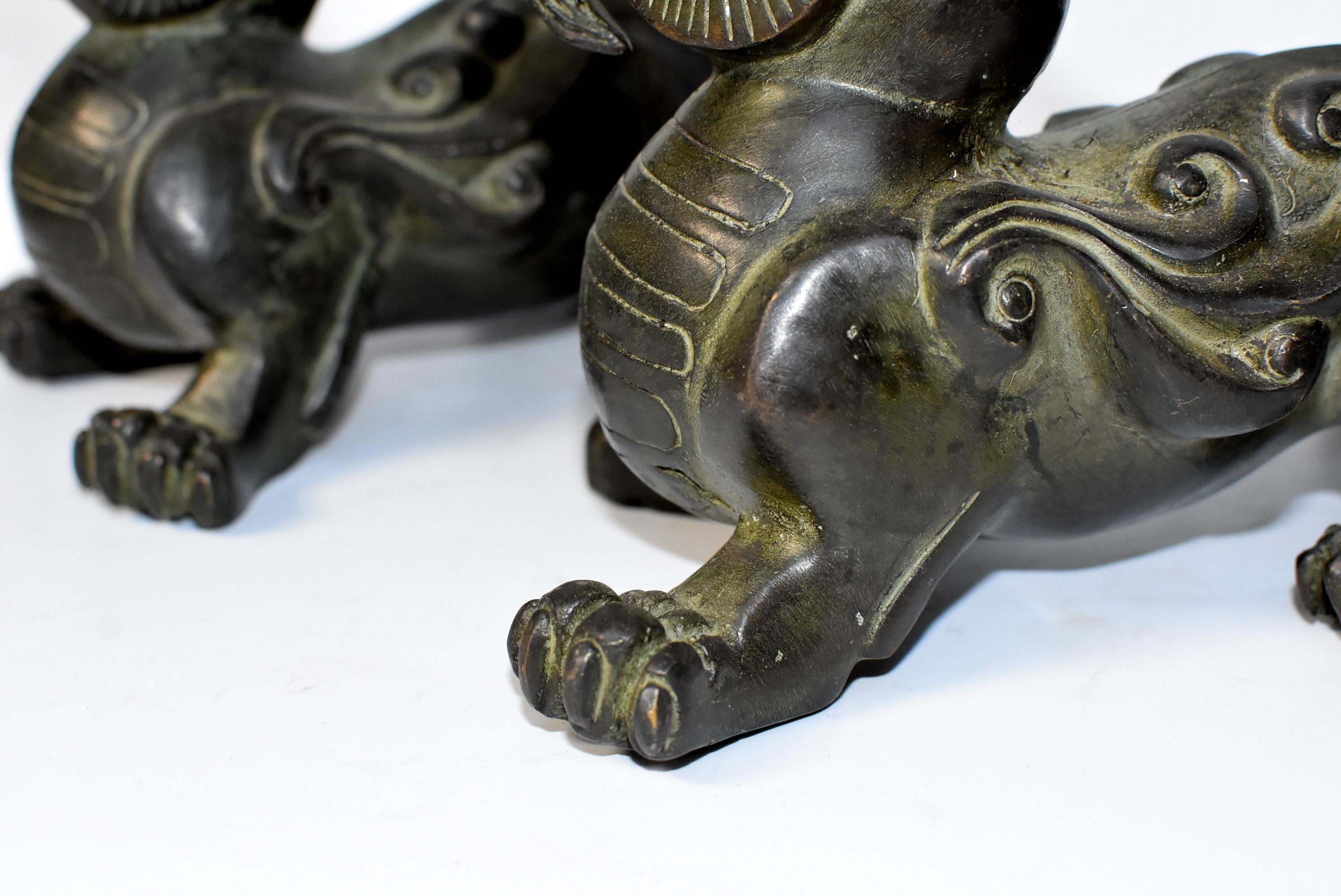 Pair of Large Bronze Pixiu Lions with Turtle Shells Paperweights 12