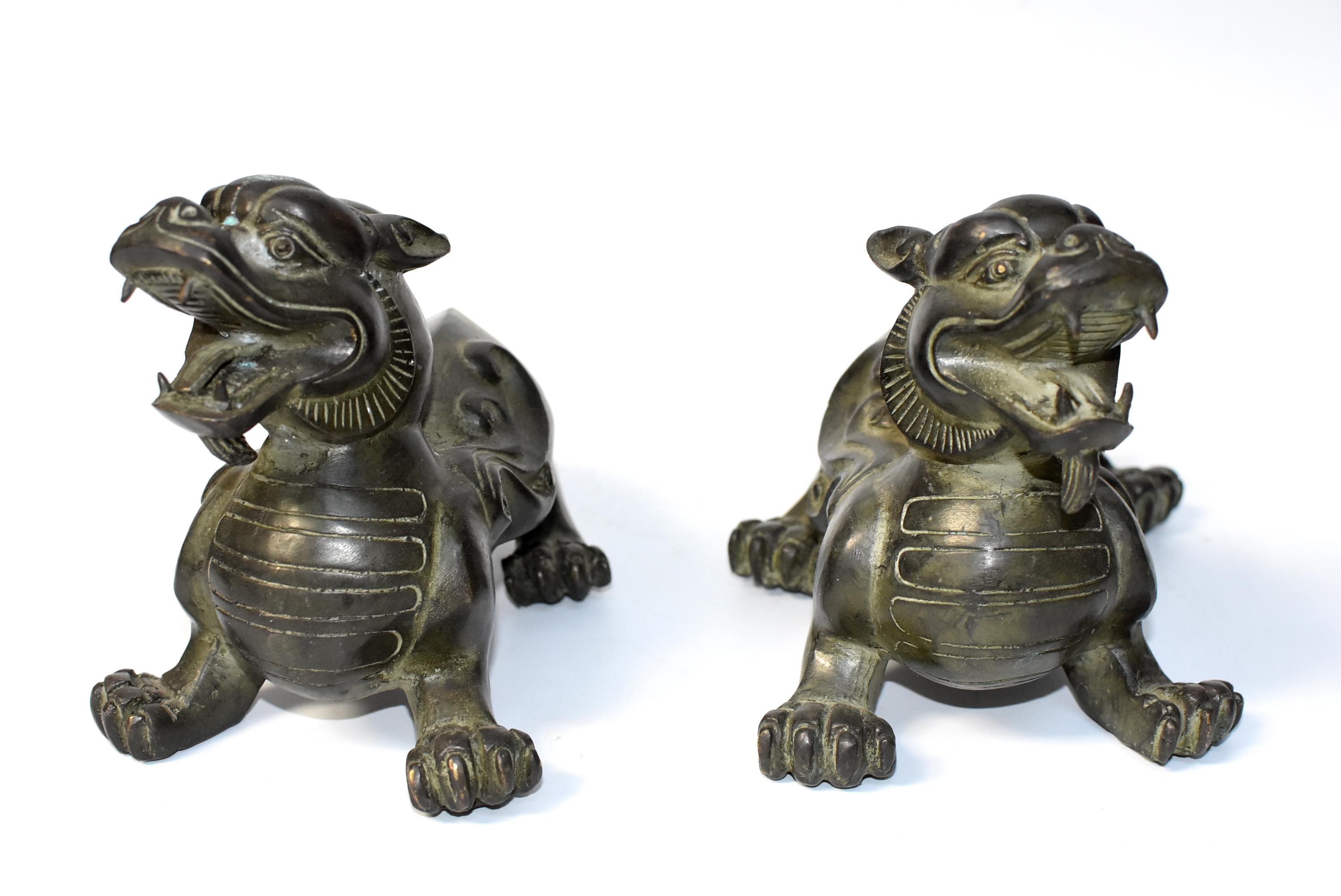 A pair of beautiful bronze pixiu lions. These are mythical beasts believed to bring and keep tremendous wealth. Fine craftsmanship and vivid expressions. Detailed works throughout. This particular pair has interesting turtle shells, symbolizing