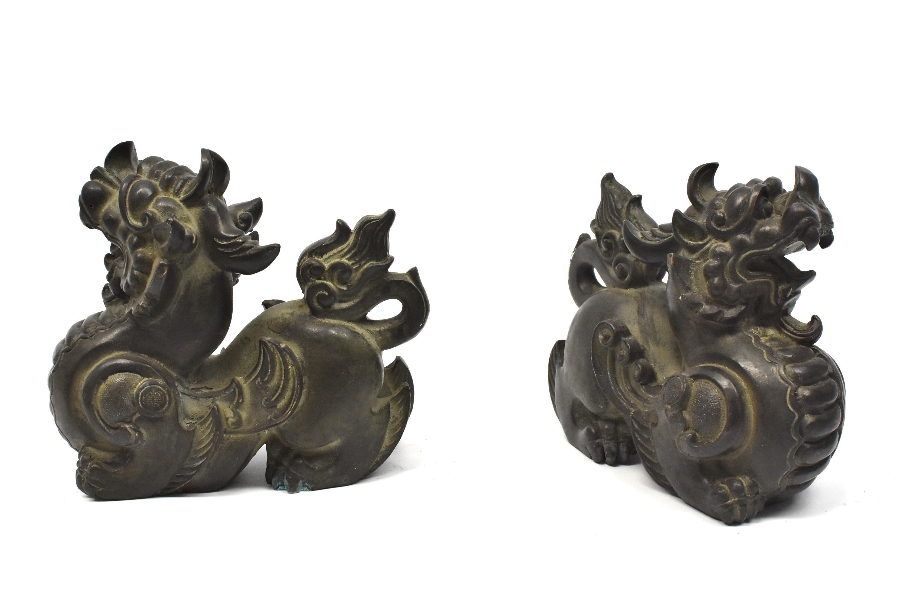 Pair of Large Bronze Pixiu Wealth Lions, Doorstops, Paperweights 15