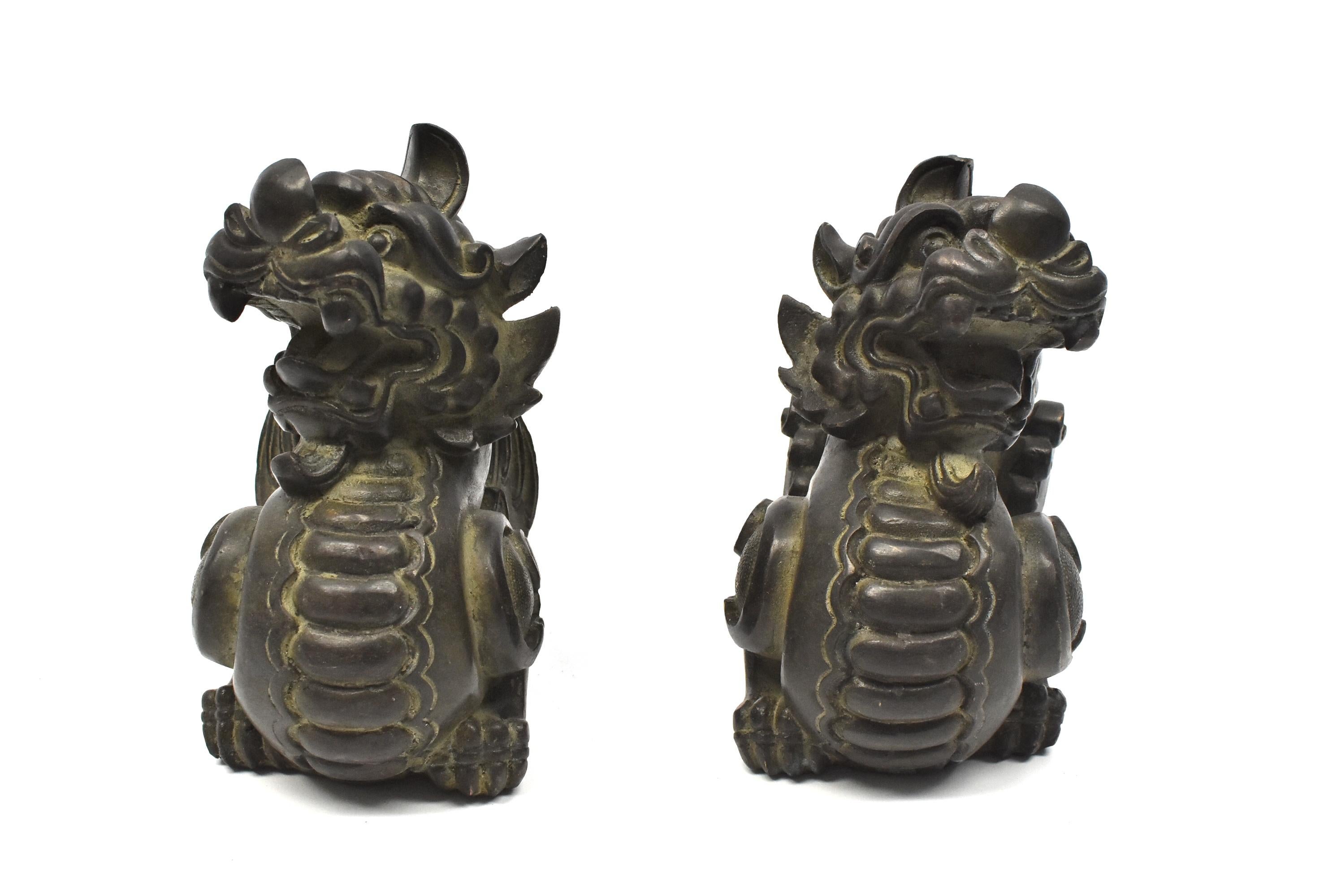 Chinese Pair of Large Bronze Pixiu Wealth Lions, Doorstops, Paperweights