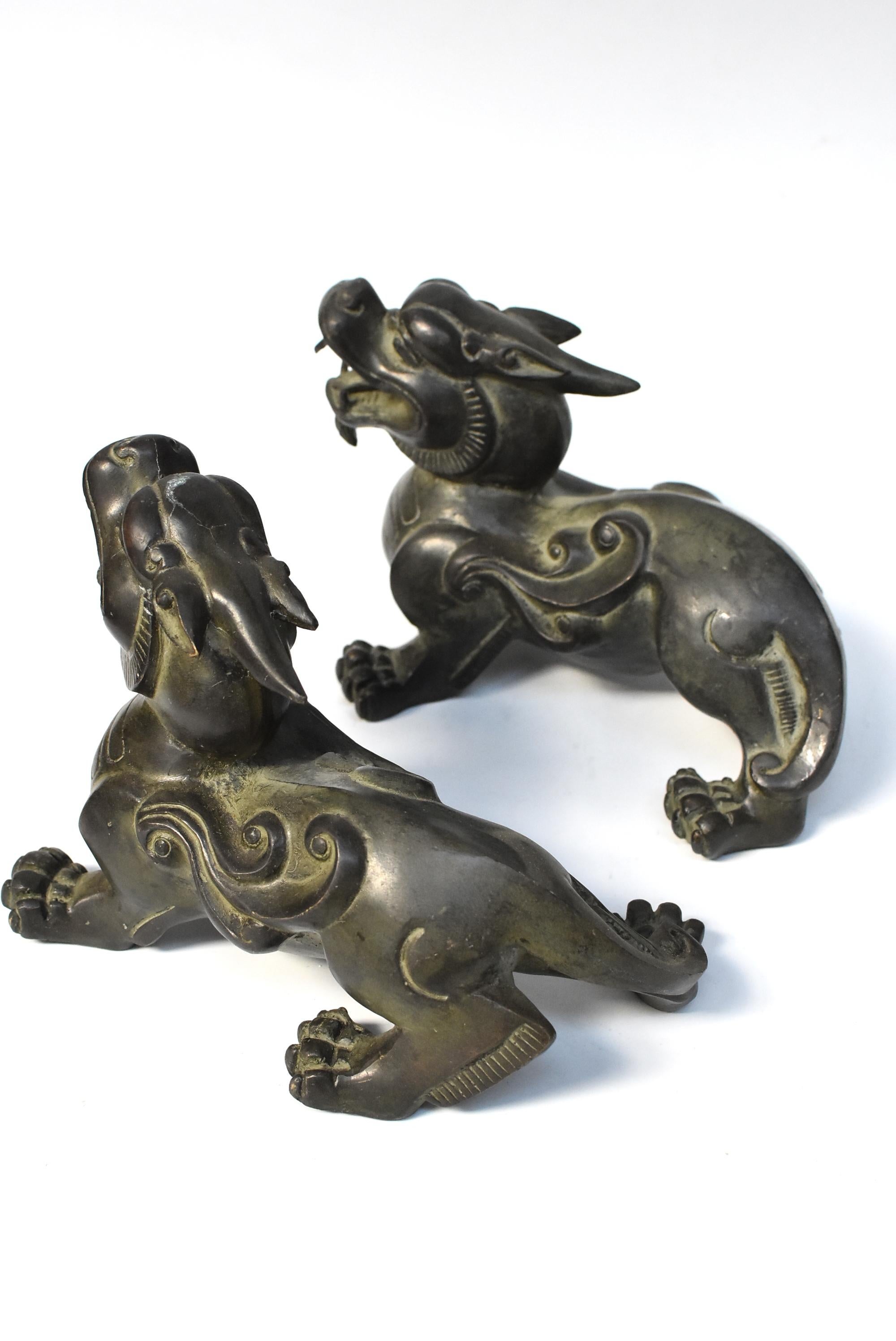 Chinese Pair of Large Bronze Pixiu Lions with Turtle Shells Paperweights