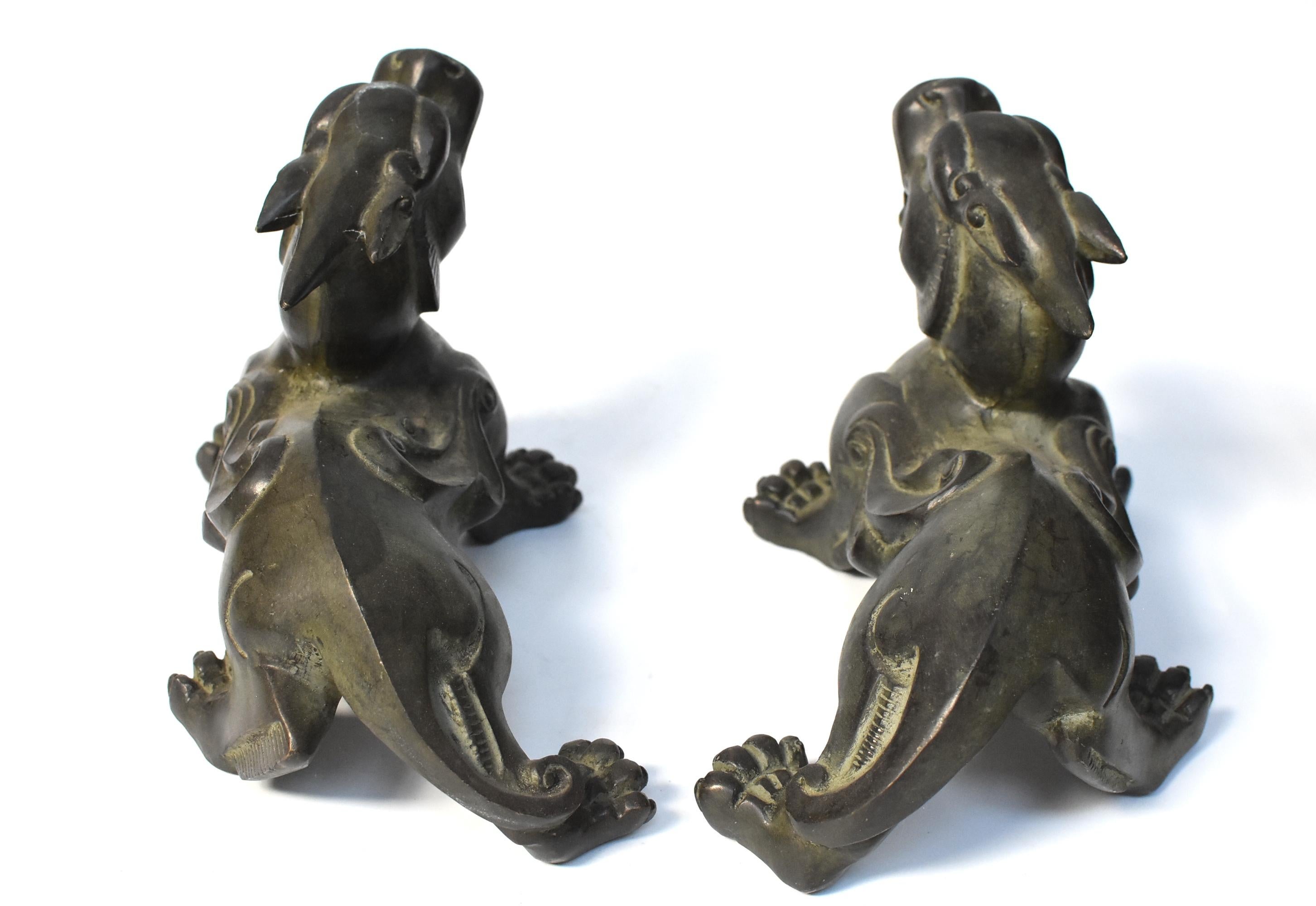 20th Century Pair of Large Bronze Pixiu Lions with Turtle Shells Paperweights