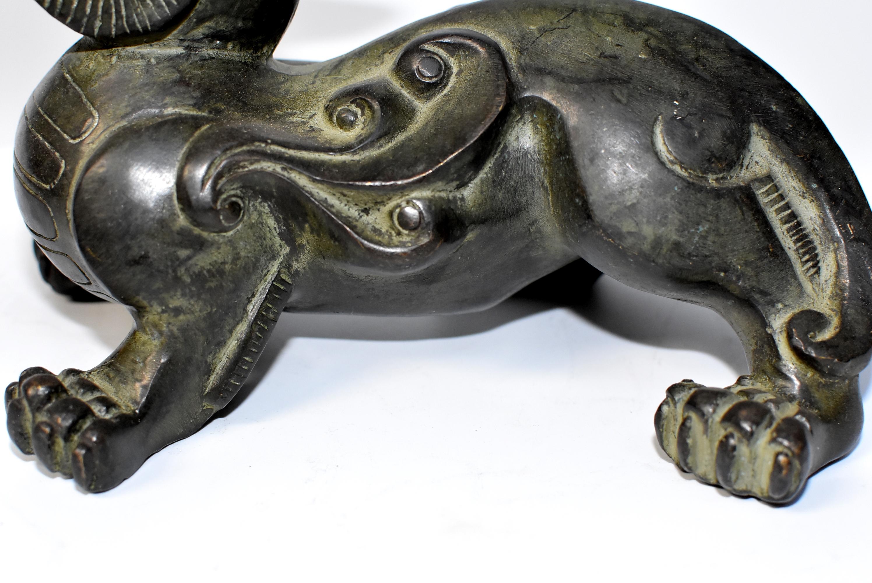Pair of Large Bronze Pixiu Lions with Turtle Shells Paperweights 3