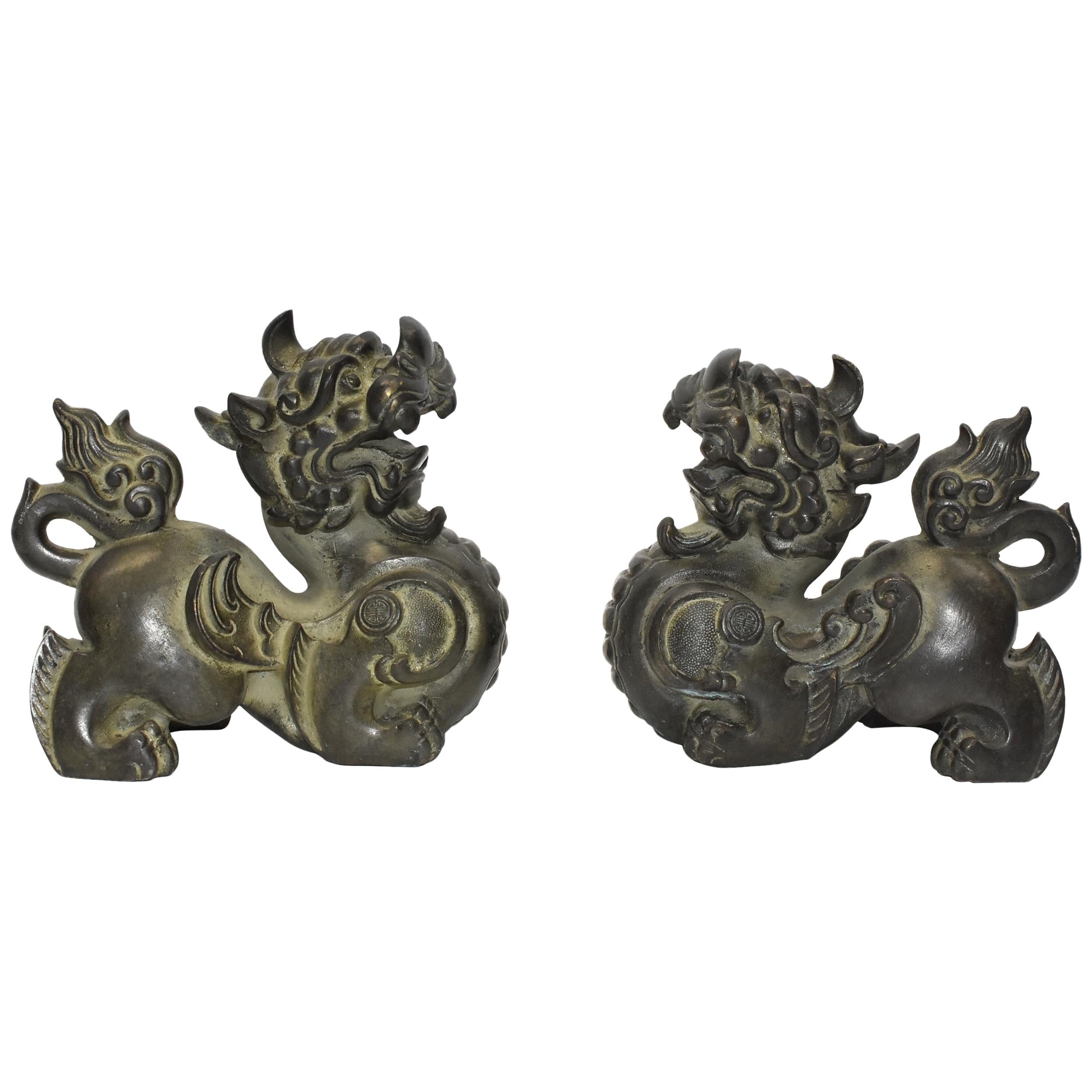 Pair of Large Bronze Pixiu Wealth Lions, Doorstops, Paperweights