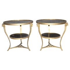 Pair of Large Bronze Rams Head French Louis XV Marble Top Gueridons Tables
