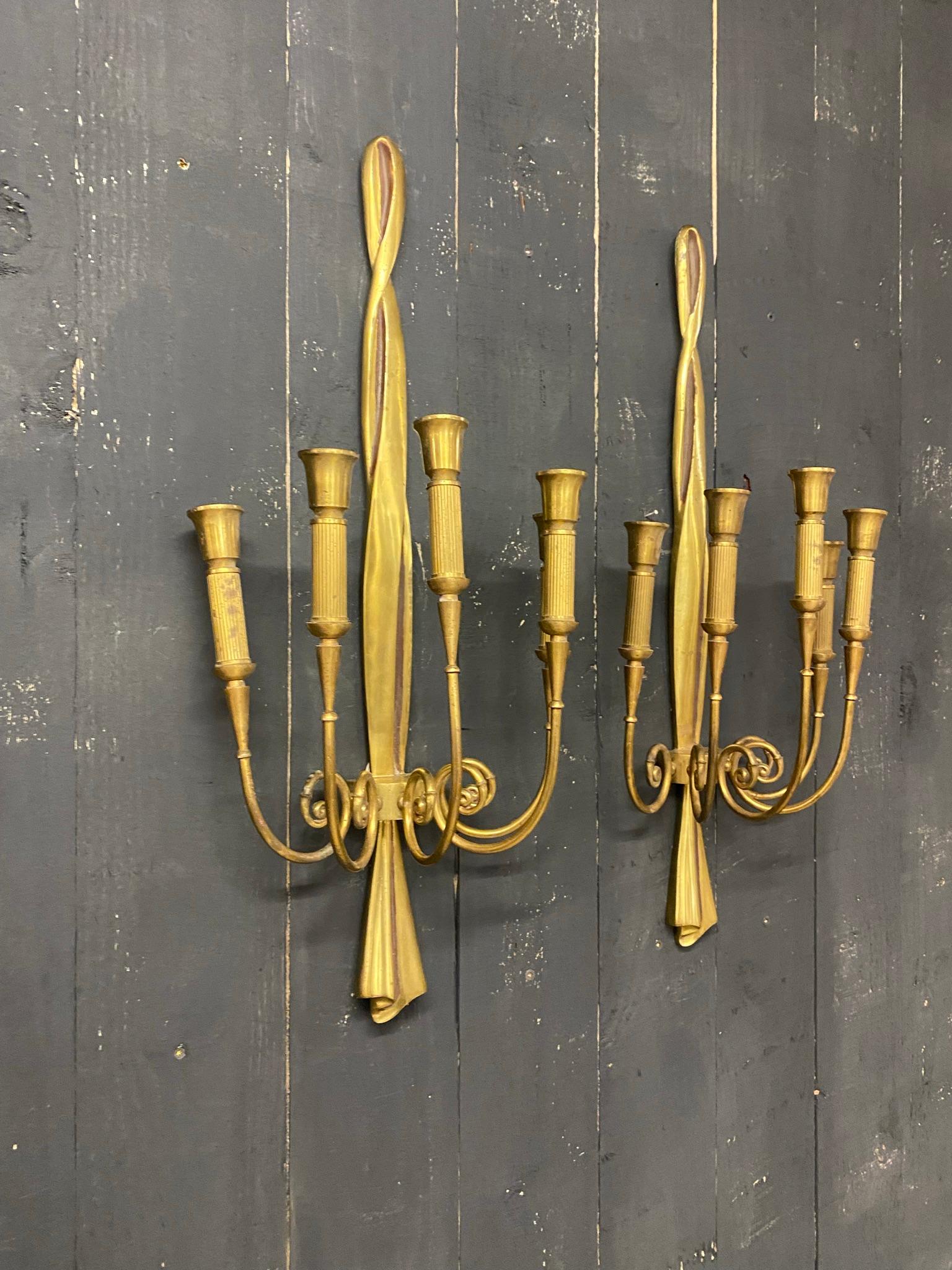 Brass Pair of Large Bronze Sconces Attributed to Riccardo Scarpa, circa 1960 For Sale