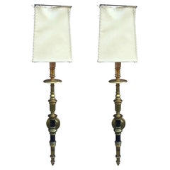 Pair of Large Bronze Sconces circa 1940, Parchment Lampshade