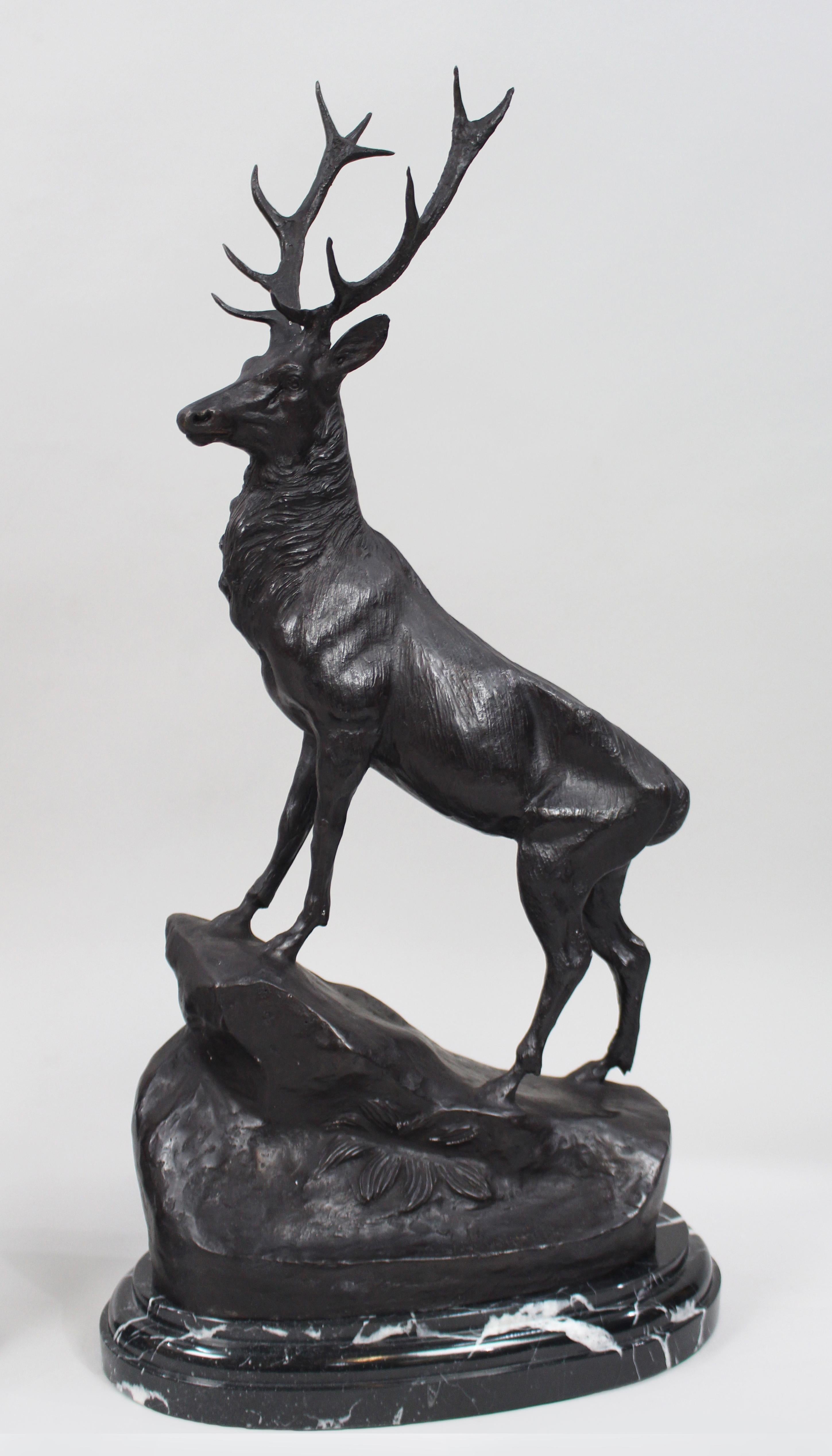 Pair of Large Bronze Stags on Marble after Jules Moigniez In Good Condition In Worcester, GB