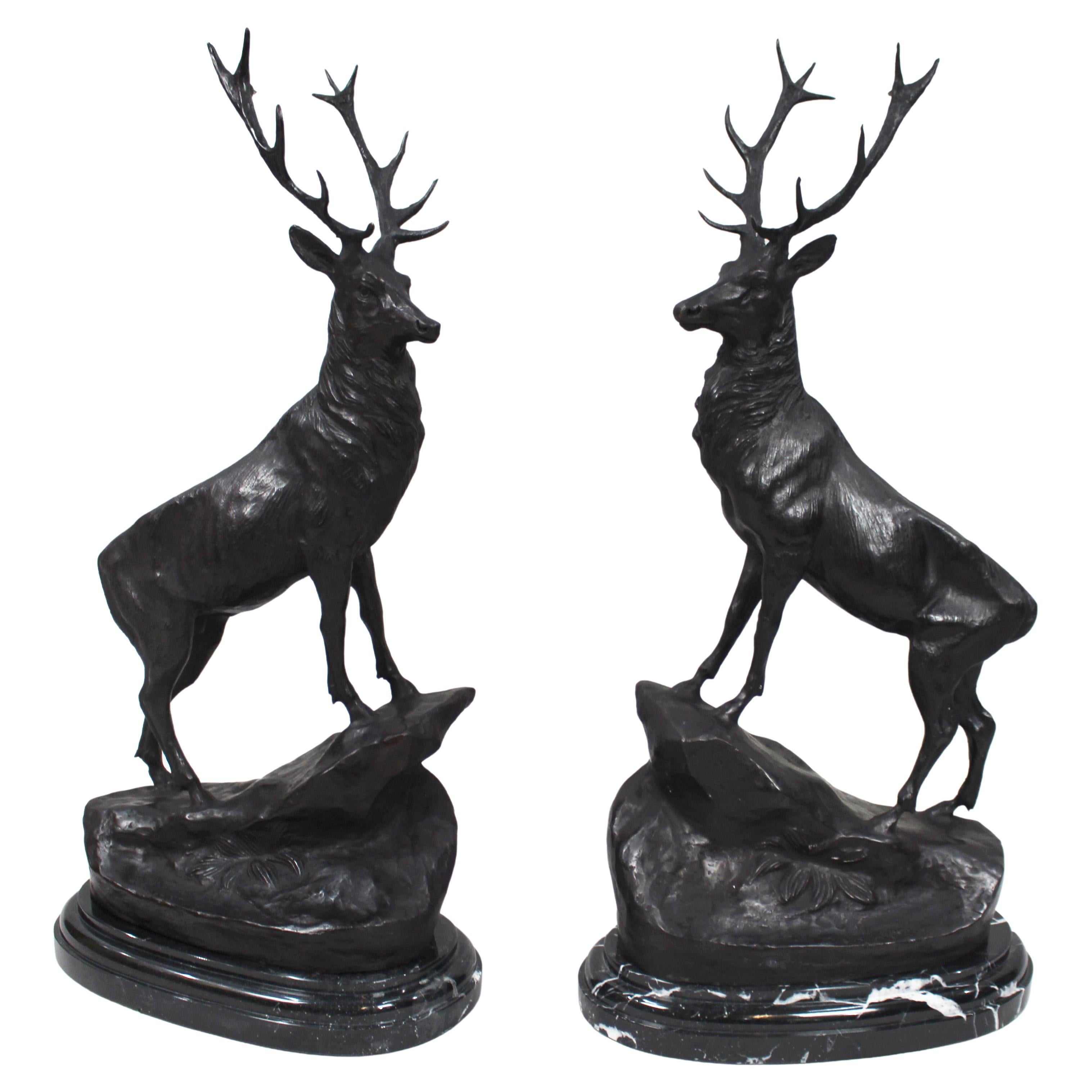 Pair of Large Bronze Stags on Marble after Jules Moigniez