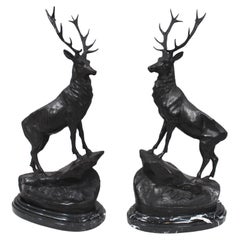 Pair of Large Bronze Stags on Marble after Jules Moigniez