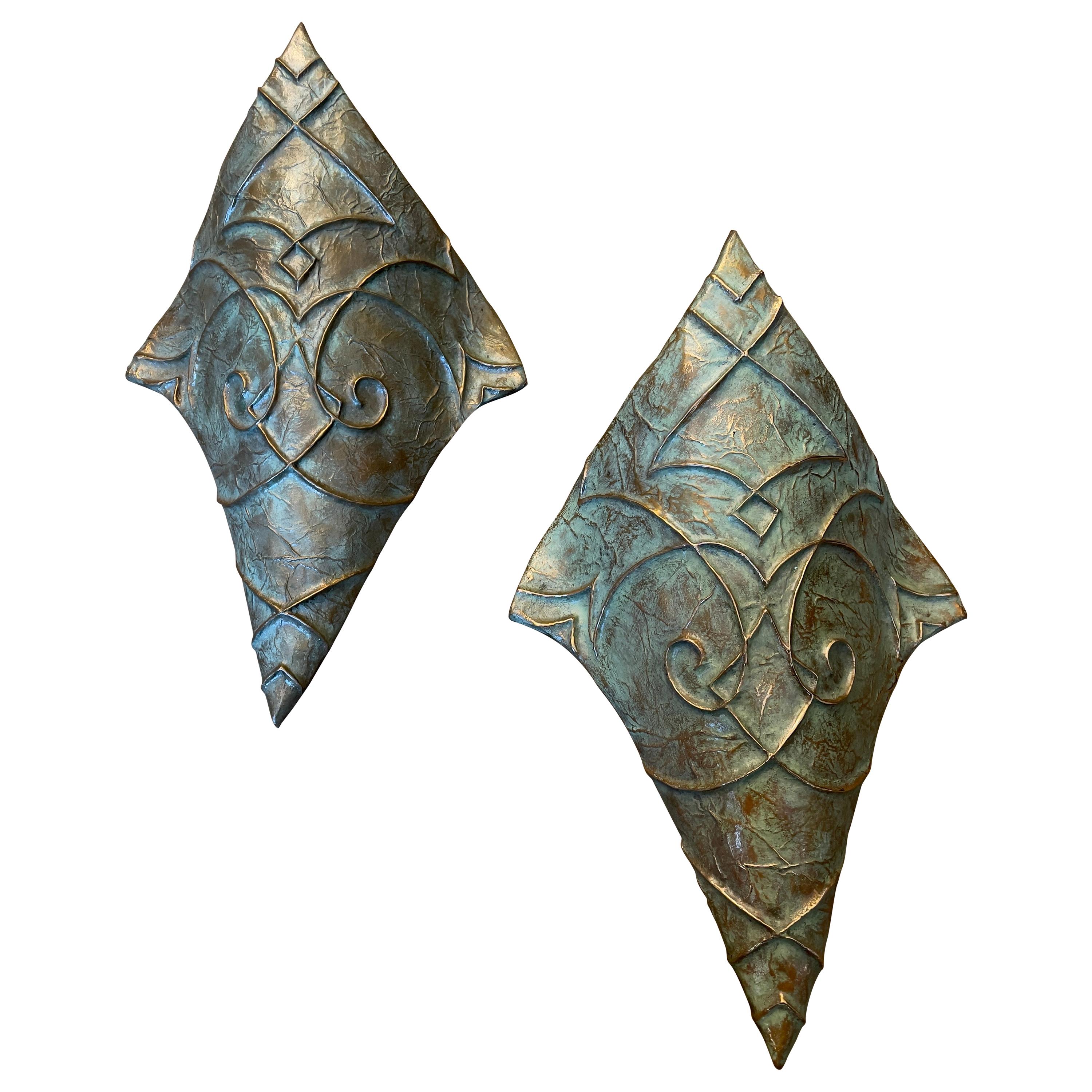 Pair of Large Bronze Verdigris Wall Lights For Sale