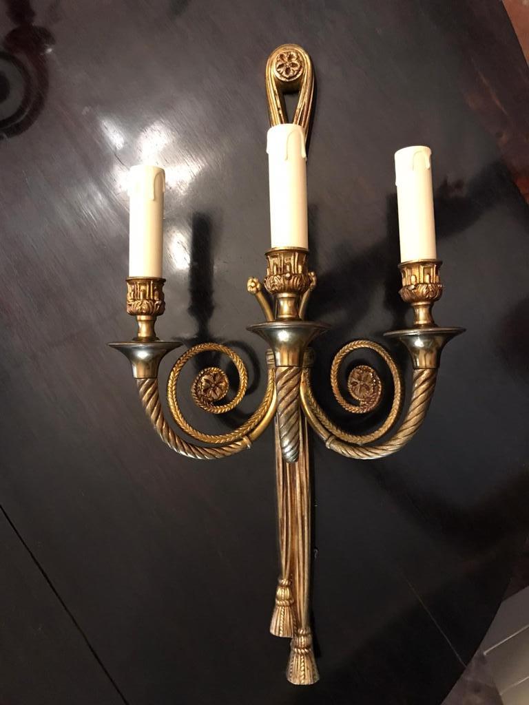 Italian Pair of large bronze wall lights. Italy 1940s. For Sale