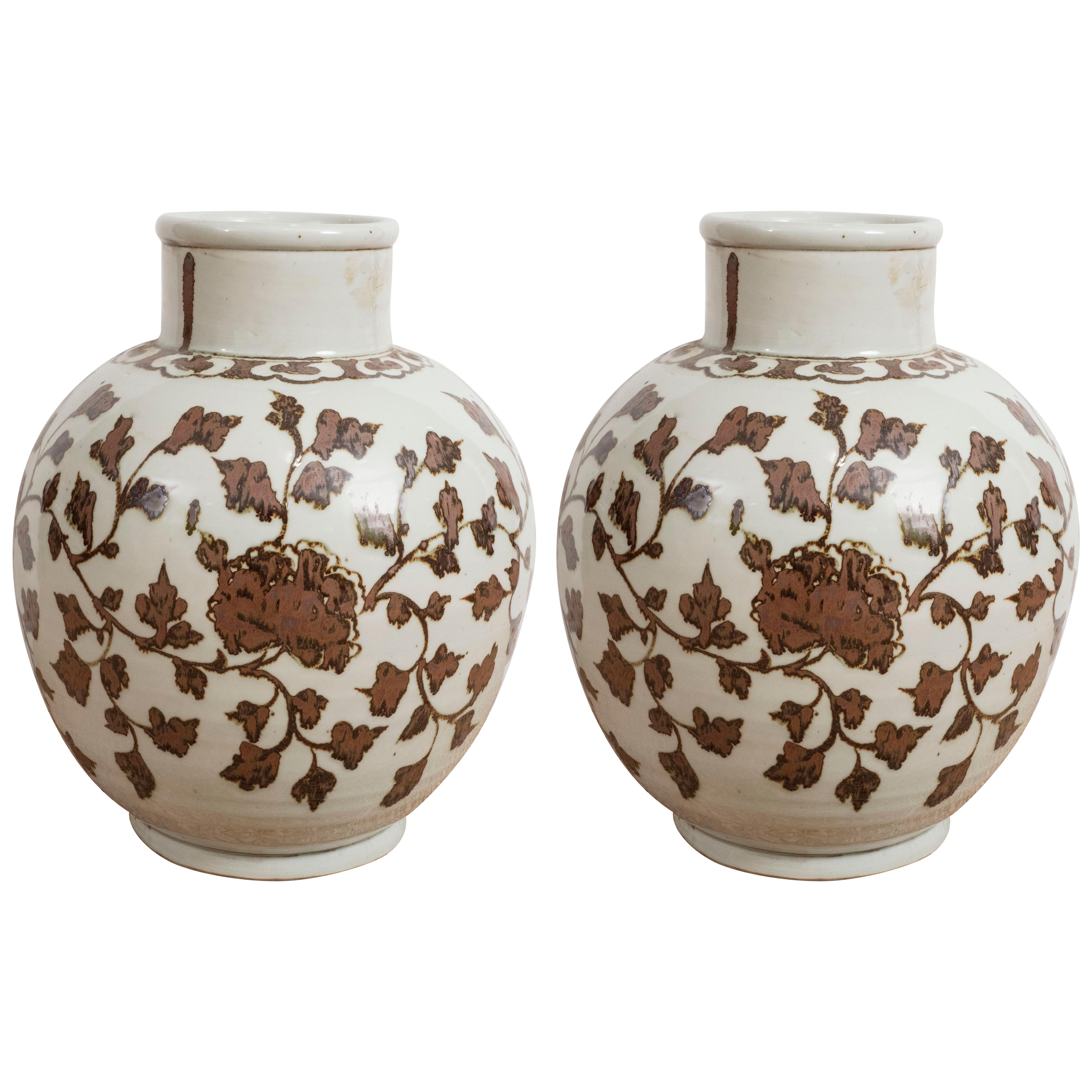 Pair of Large Brown and White Chinese Export Vases