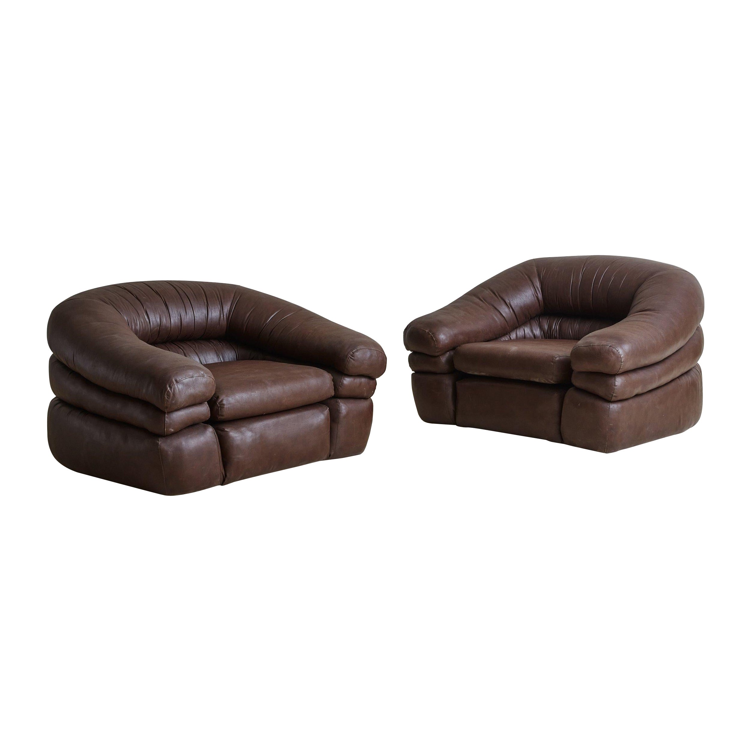 Pair of Large Brown Leather Lounge Chairs by de Pas, D’Urbino 
Lomazzi, Italy