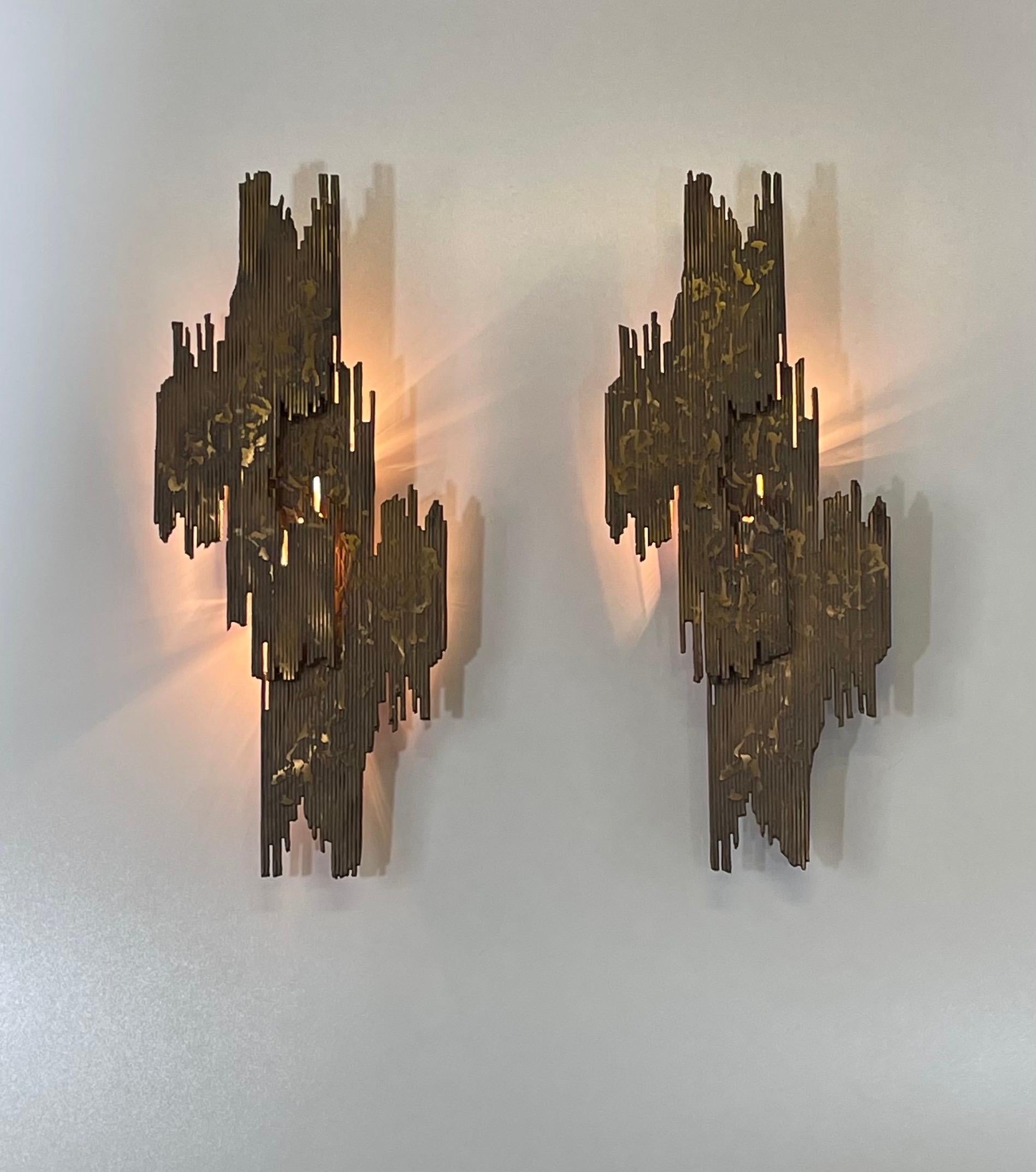Mid-Century Modern Pair of Large Brutalist Bronze Wall Sconces, circa 1970s