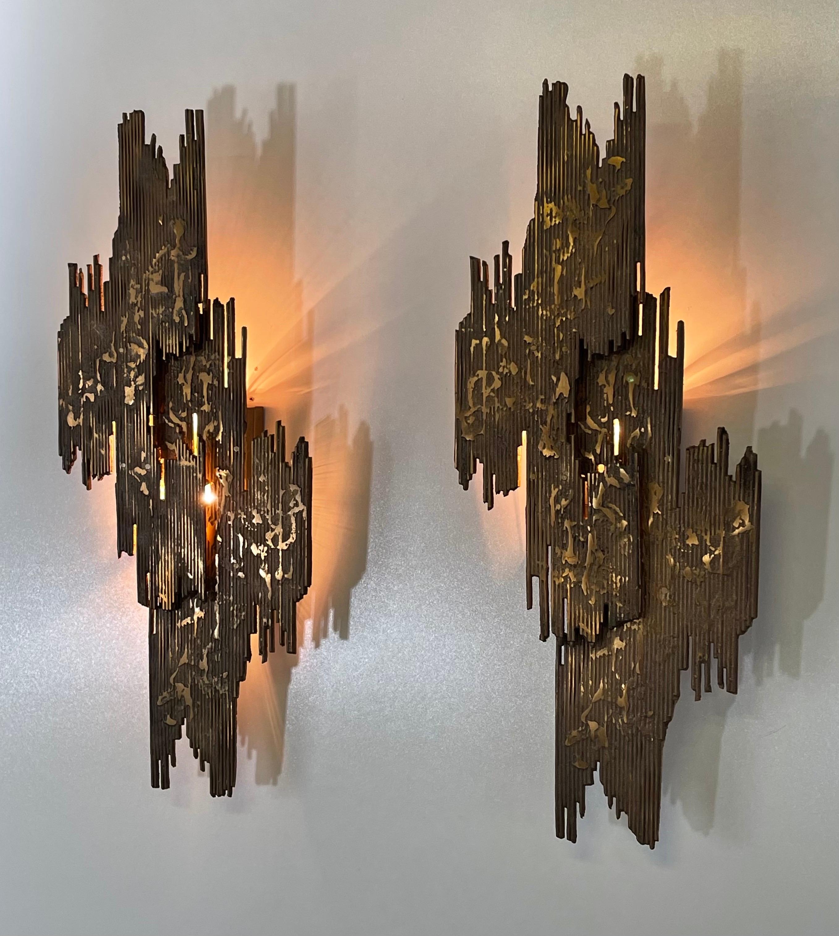 Late 20th Century Pair of Large Brutalist Bronze Wall Sconces, circa 1970s