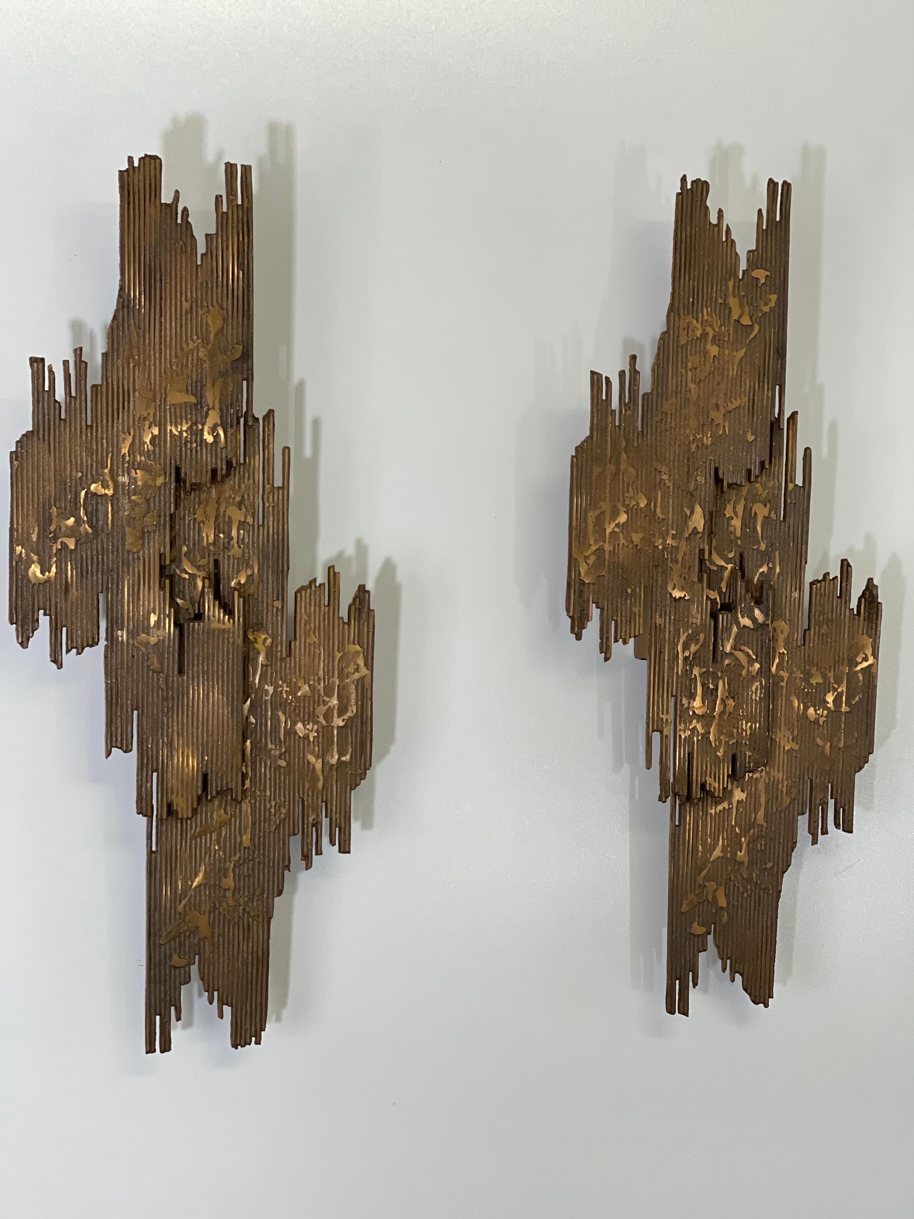 Metal Pair of Large Brutalist Bronze Wall Sconces, circa 1970s