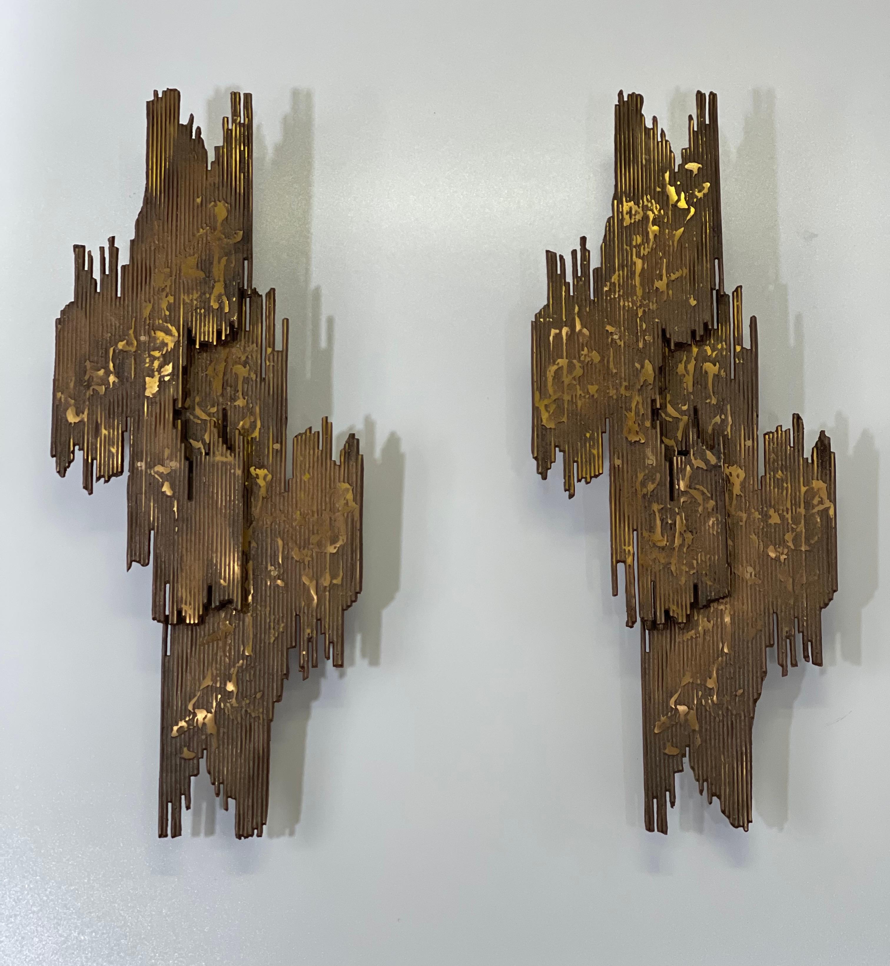 Pair of Large Brutalist Bronze Wall Sconces, circa 1970s 1