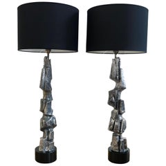 Pair of Large Brutalist Casted Aluminium Sculpture Table Lamps