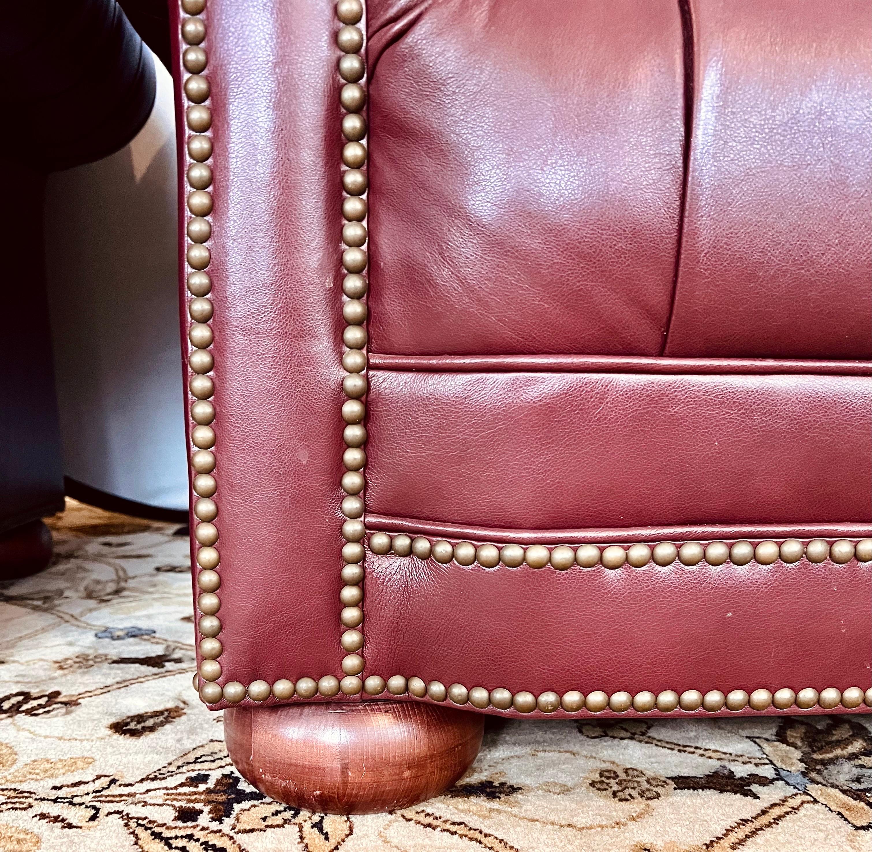 Pair of Large Burgundy Leather Chesterfield Tufted Club Reading Chairs In Good Condition In West Hartford, CT